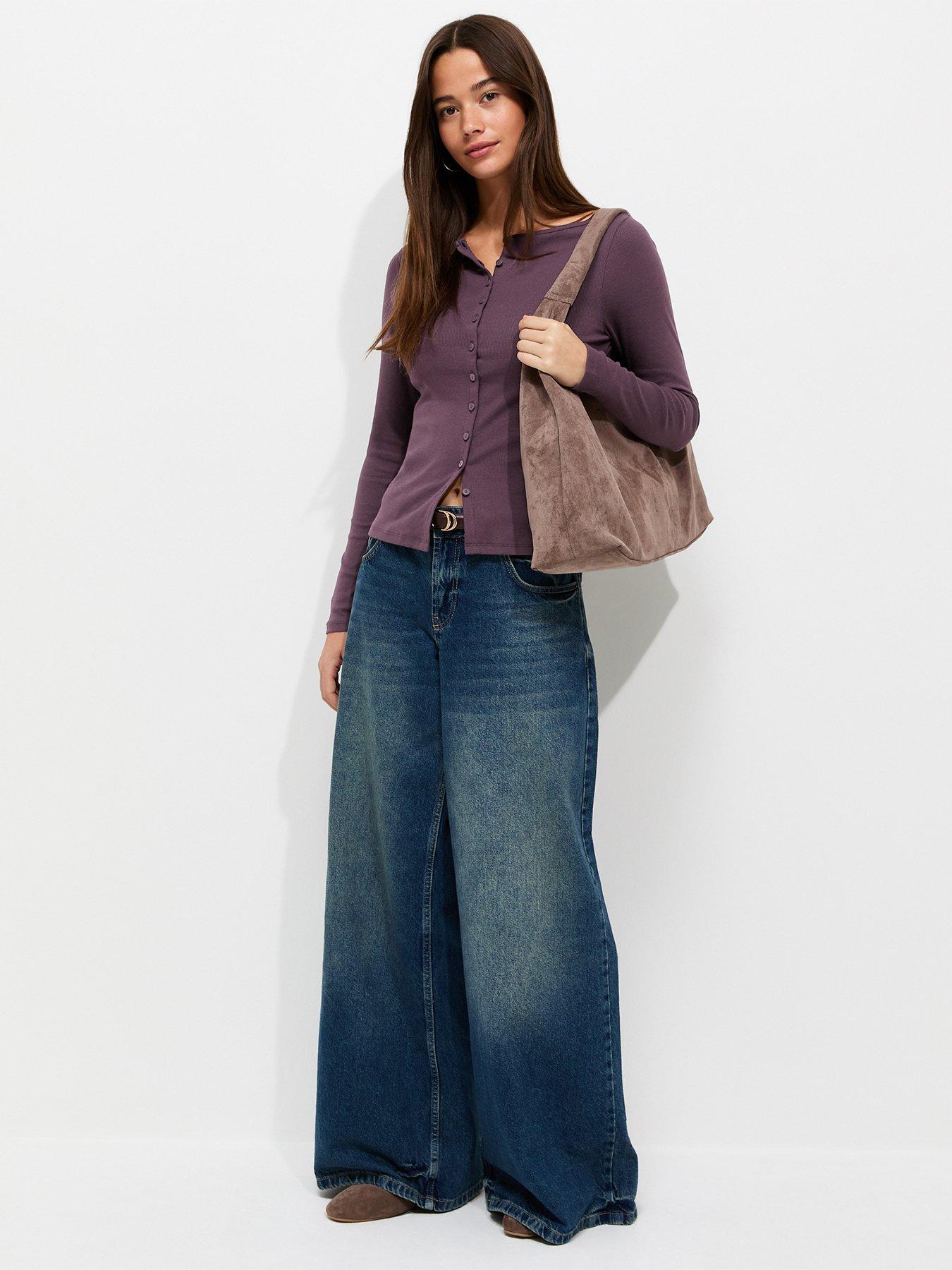 Image 3 of 5 of New Look Womens Ribbed Button Through Slash Neck Blouse - Burgundy