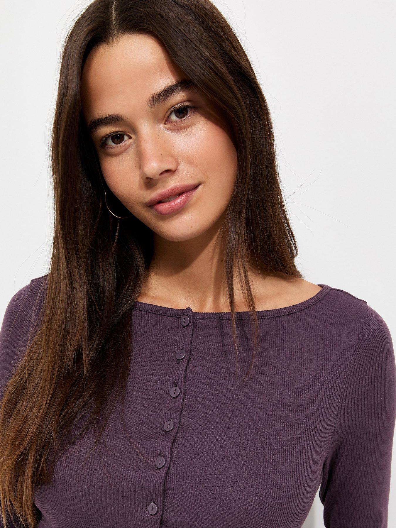 Image 4 of 5 of New Look Womens Ribbed Button Through Slash Neck Blouse - Burgundy