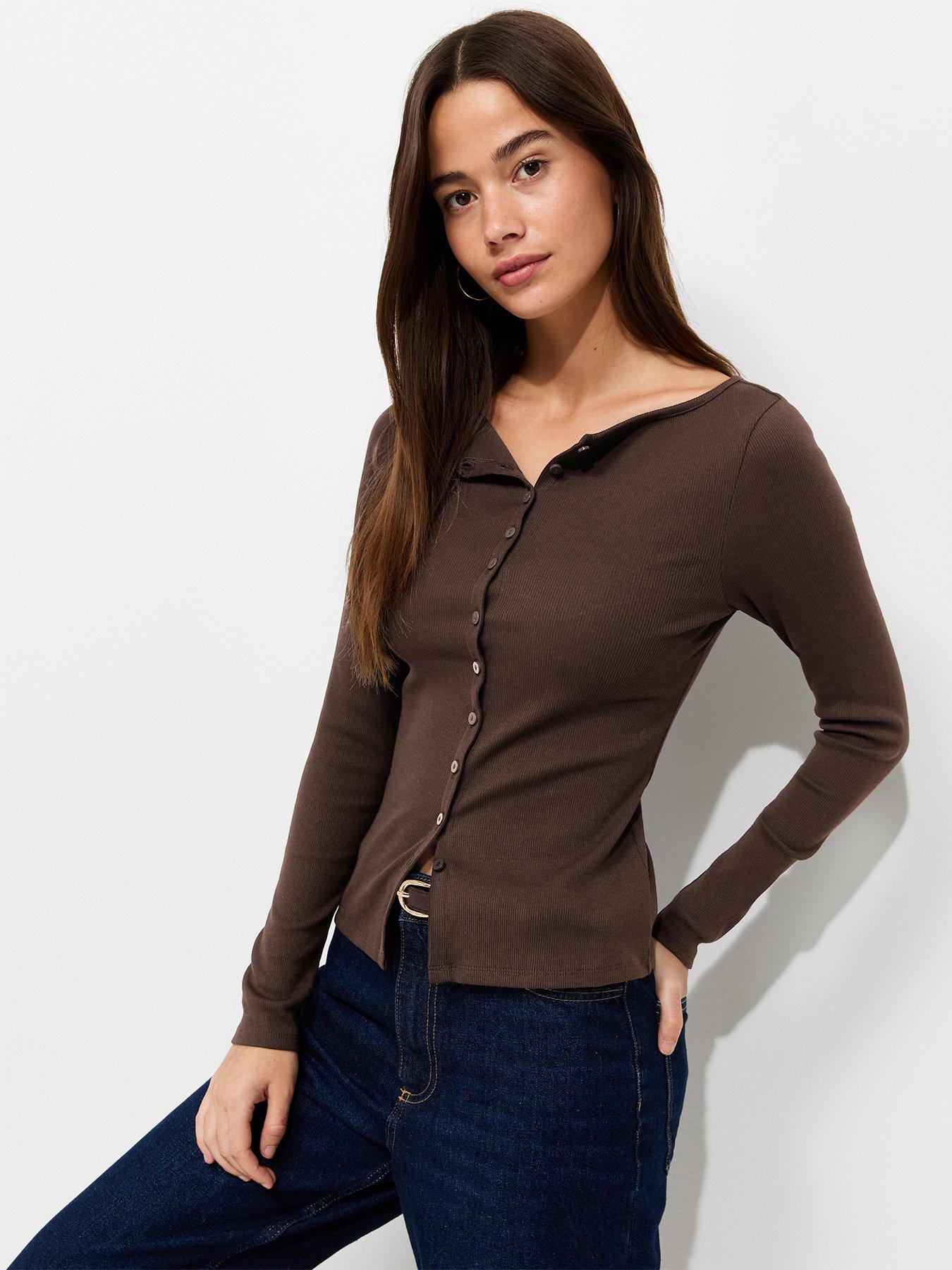 Image 1 of 6 of New Look Womens Ribbed Button Through Slash Neck Blouse - Brown
