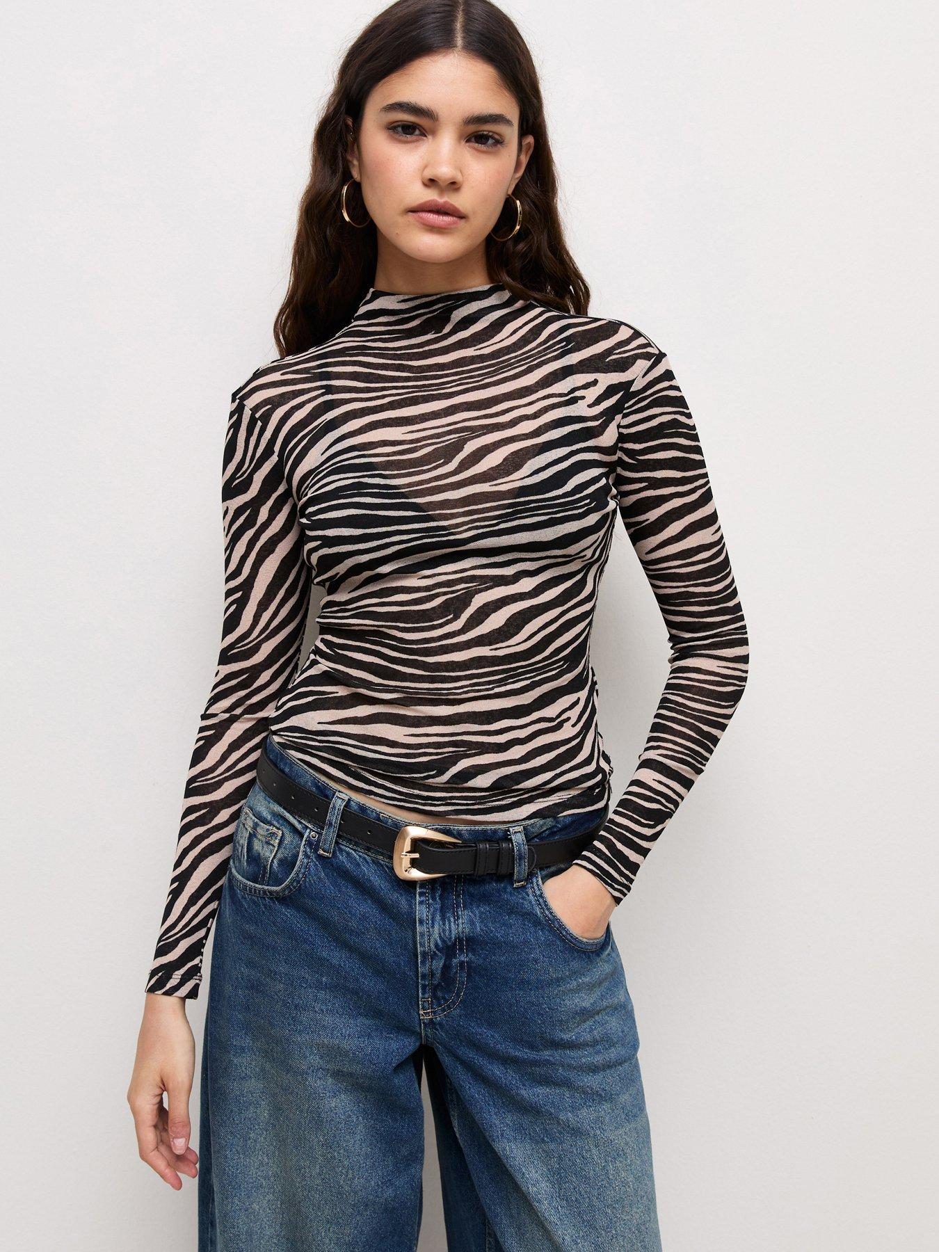 New Look Zebra Print High Neck Long Sleeve Mesh Top - Brown