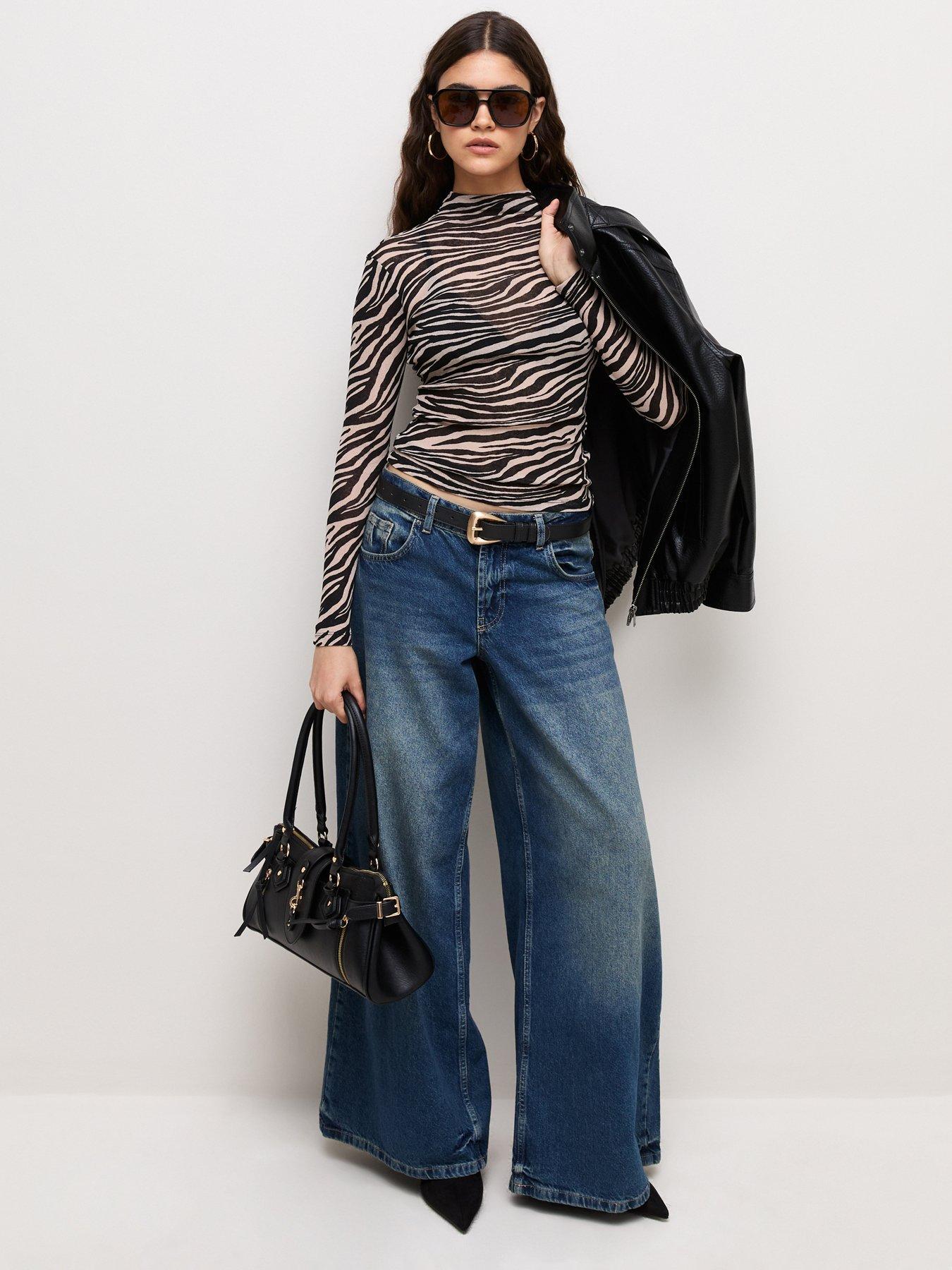 Image 2 of 4 of New Look Zebra Print High Neck Long Sleeve Mesh Top - Brown