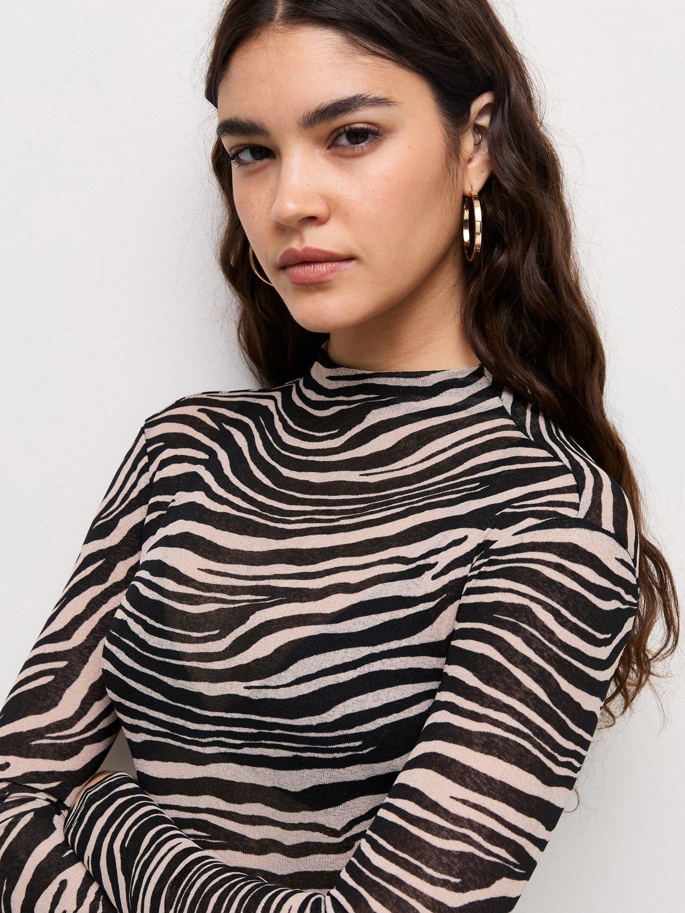 Image 3 of 4 of New Look Zebra Print High Neck Long Sleeve Mesh Top - Brown