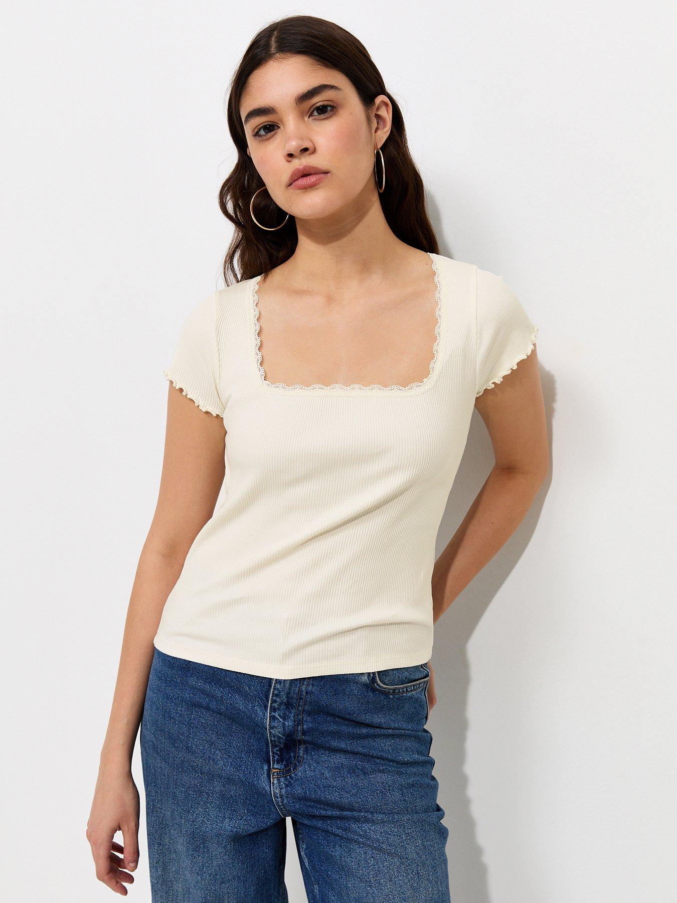 New Look Cotton Rich Short Sleeve Lace Trim Square Neck Top - Cream