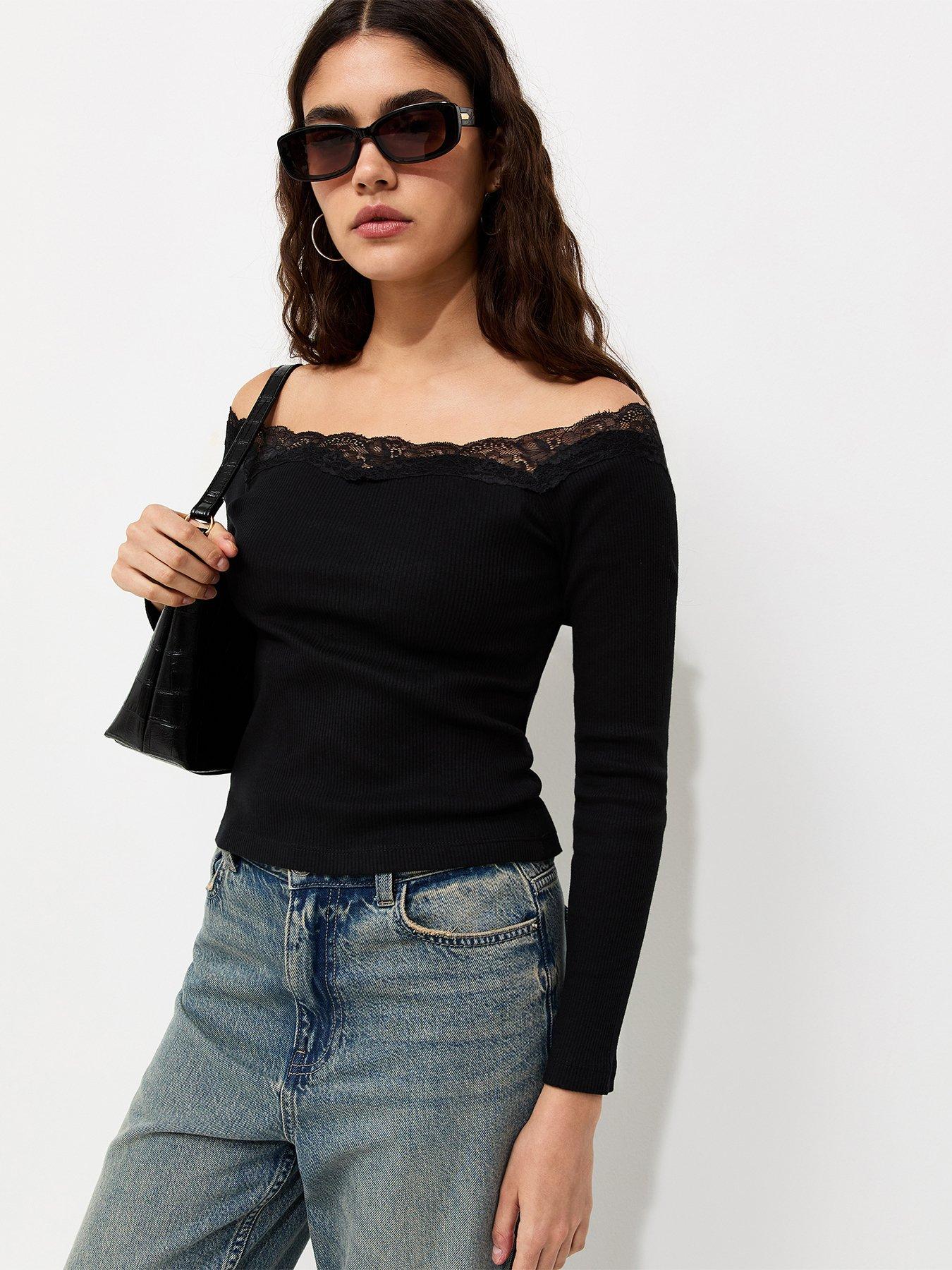 Image 1 of 5 of New Look Womens Bardot Lace Trim Long Sleeve Blouse - Black
