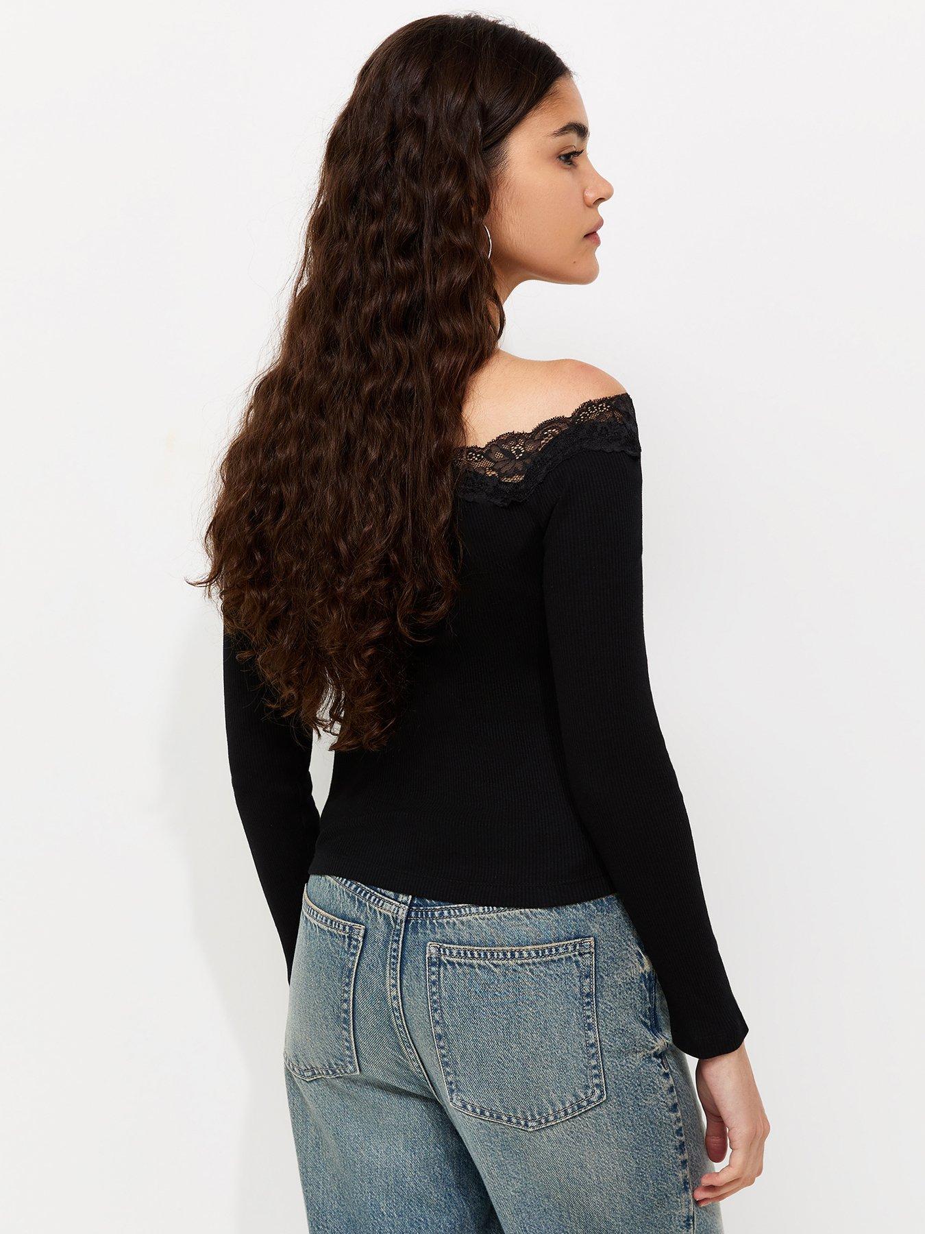 Image 2 of 5 of New Look Womens Bardot Lace Trim Long Sleeve Blouse - Black