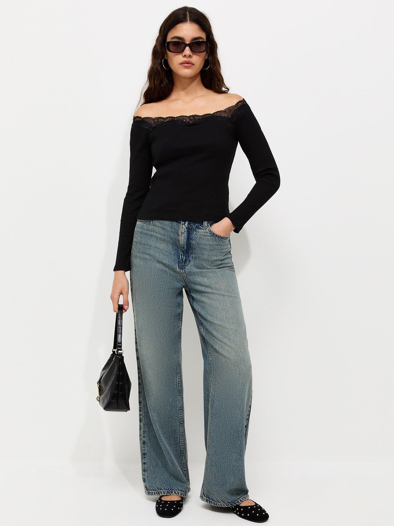 Image 3 of 5 of New Look Womens Bardot Lace Trim Long Sleeve Blouse - Black