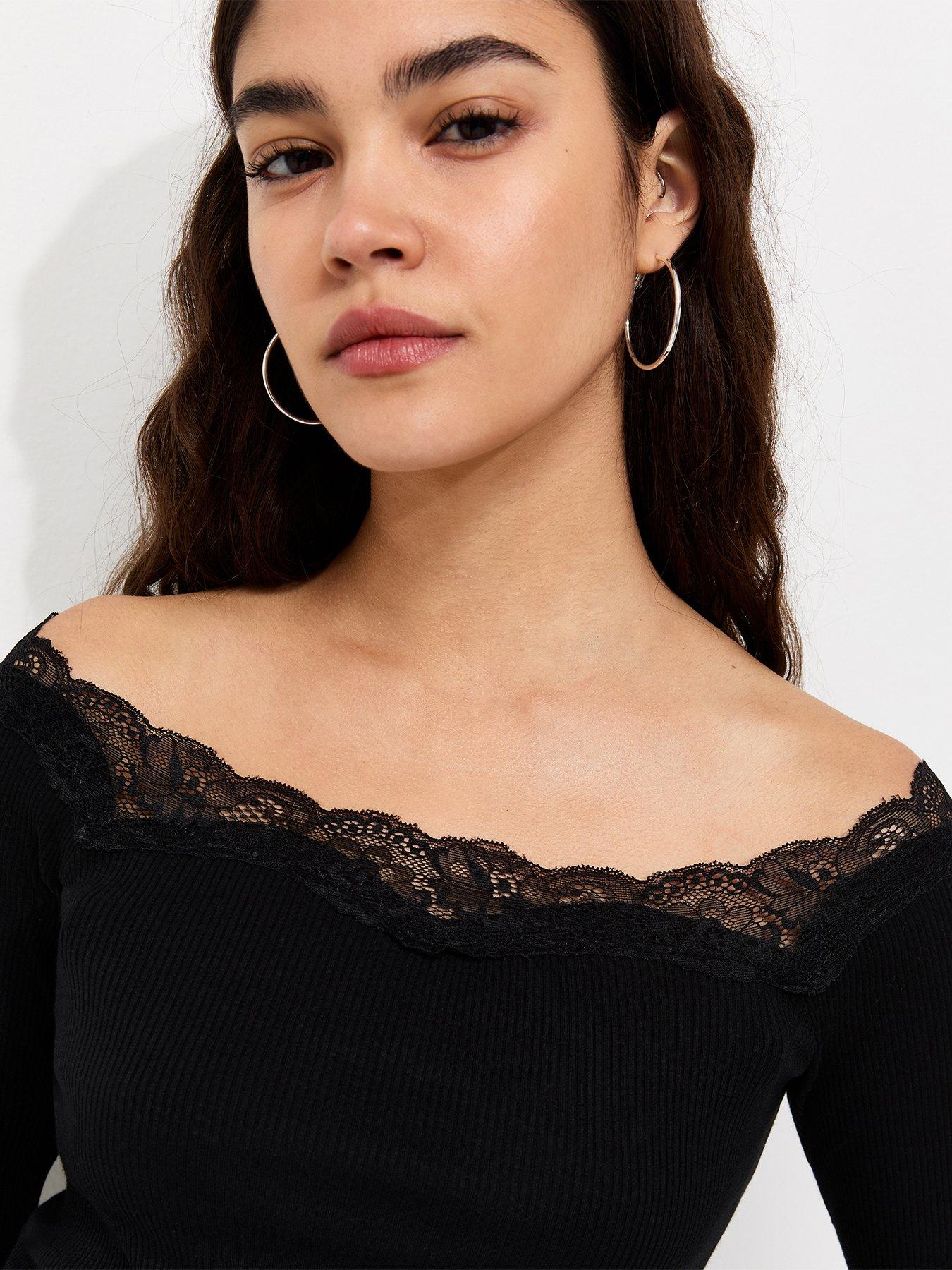 Image 4 of 5 of New Look Womens Bardot Lace Trim Long Sleeve Blouse - Black