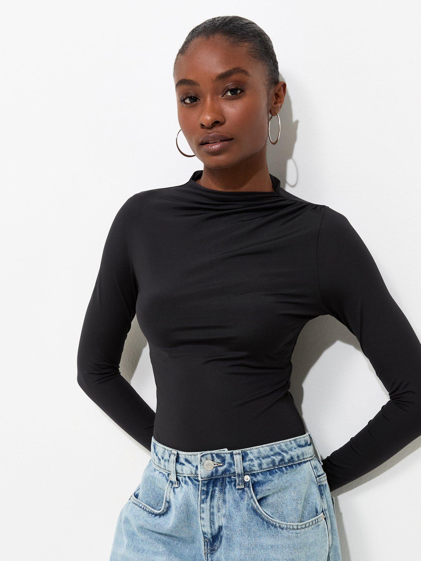 New Look Black Slinky Draped High Neck Long Sleeve Bodysuit