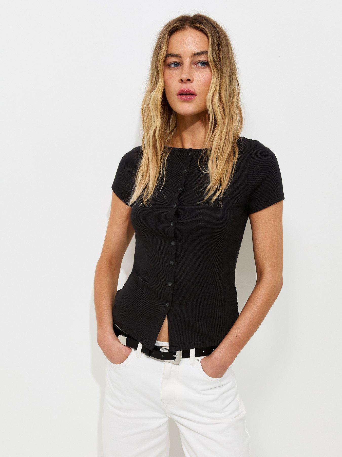 New Look Cotton Rich Button Through Baby Tee T-Shirt - Black