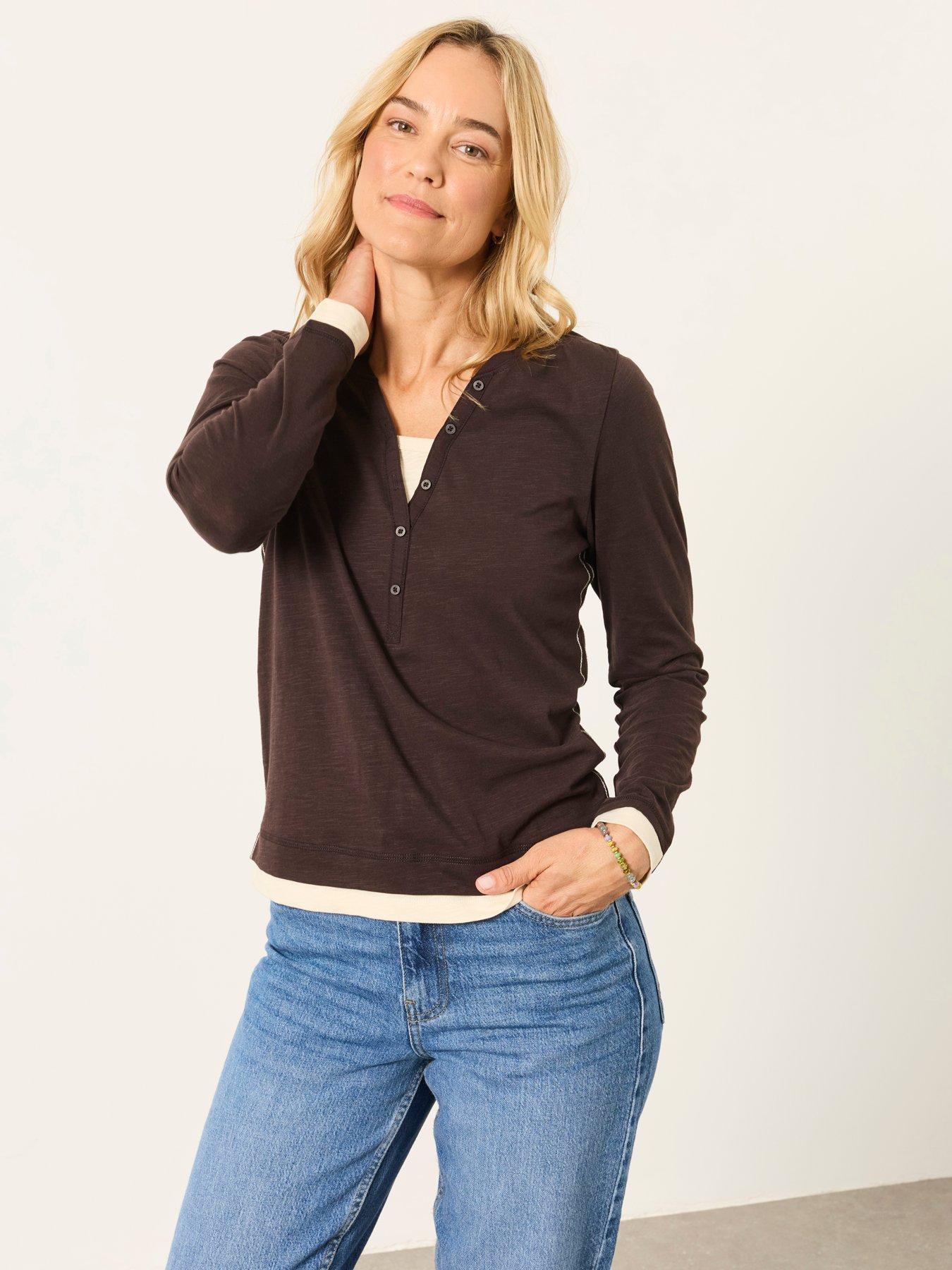 Image 1 of 6 of FatFace Womens Mia Henley Button Neck Long Sleeve T-Shirt - Brown