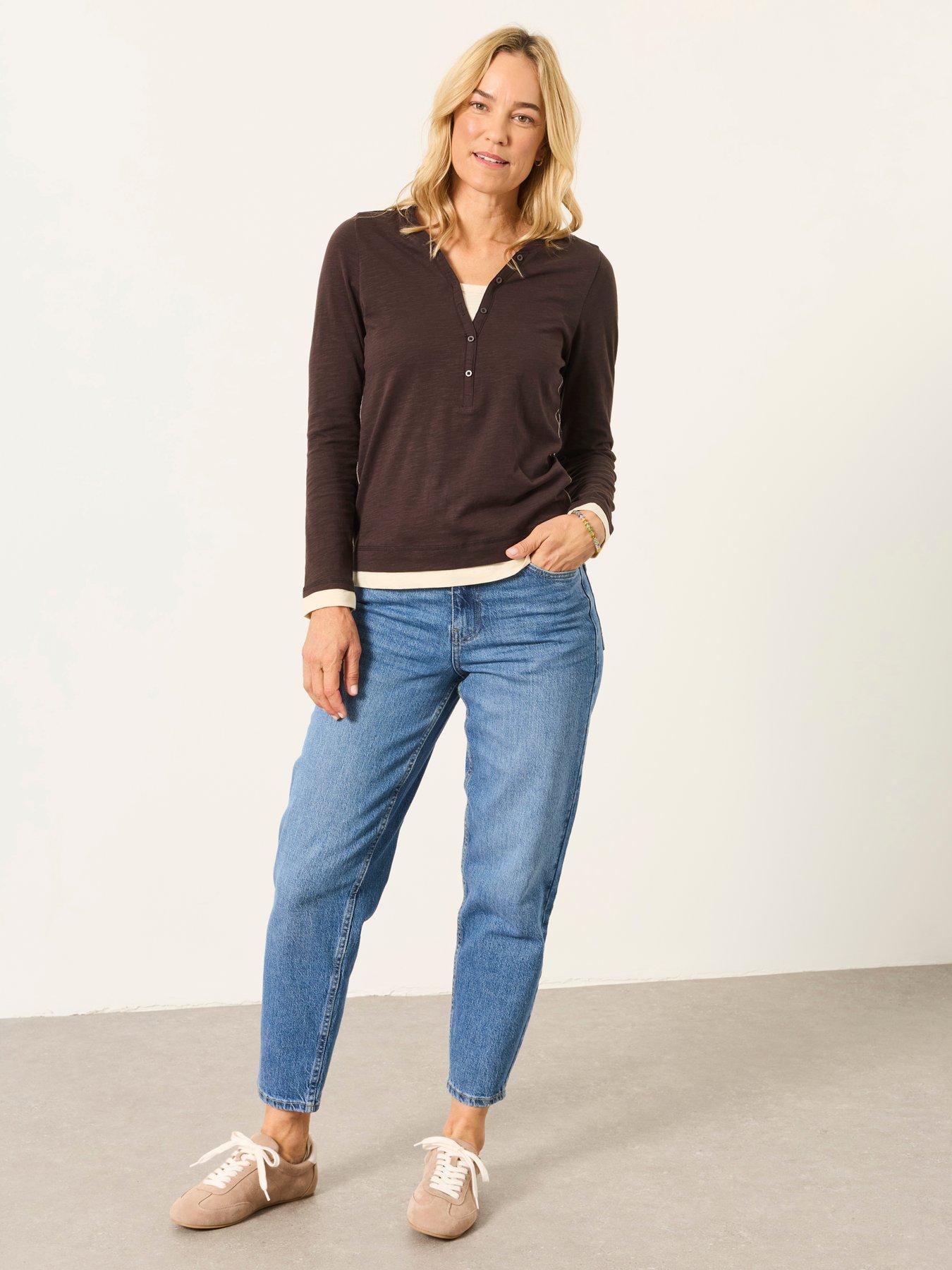 Image 3 of 6 of FatFace Womens Mia Henley Button Neck Long Sleeve T-Shirt - Brown