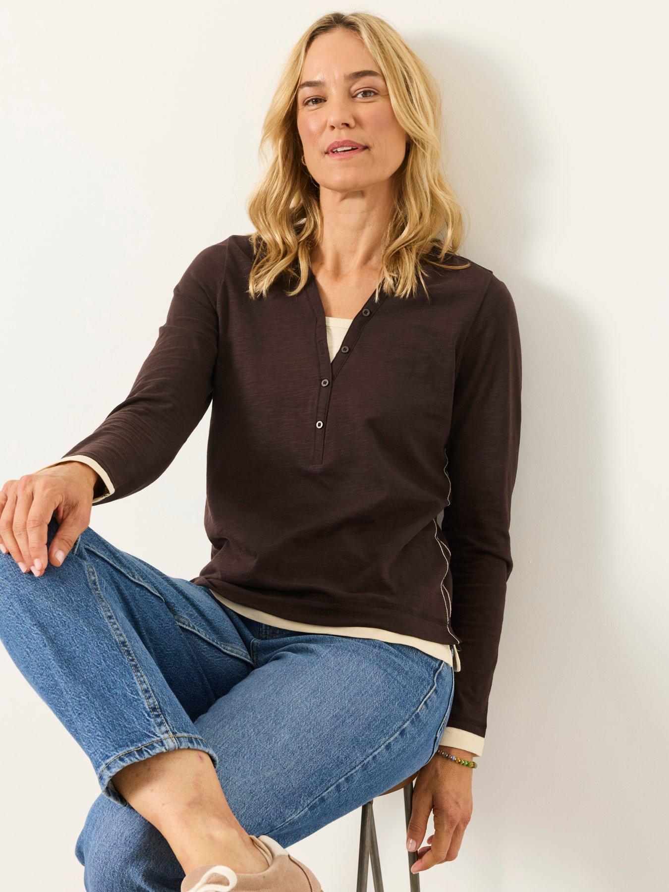 Image 4 of 6 of FatFace Womens Mia Henley Button Neck Long Sleeve T-Shirt - Brown