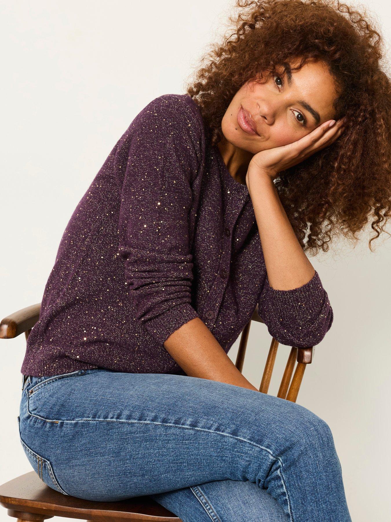 Image 3 of 5 of FatFace Womens Skylar Metallic Fleck Button-Through Cardigan - Purple
