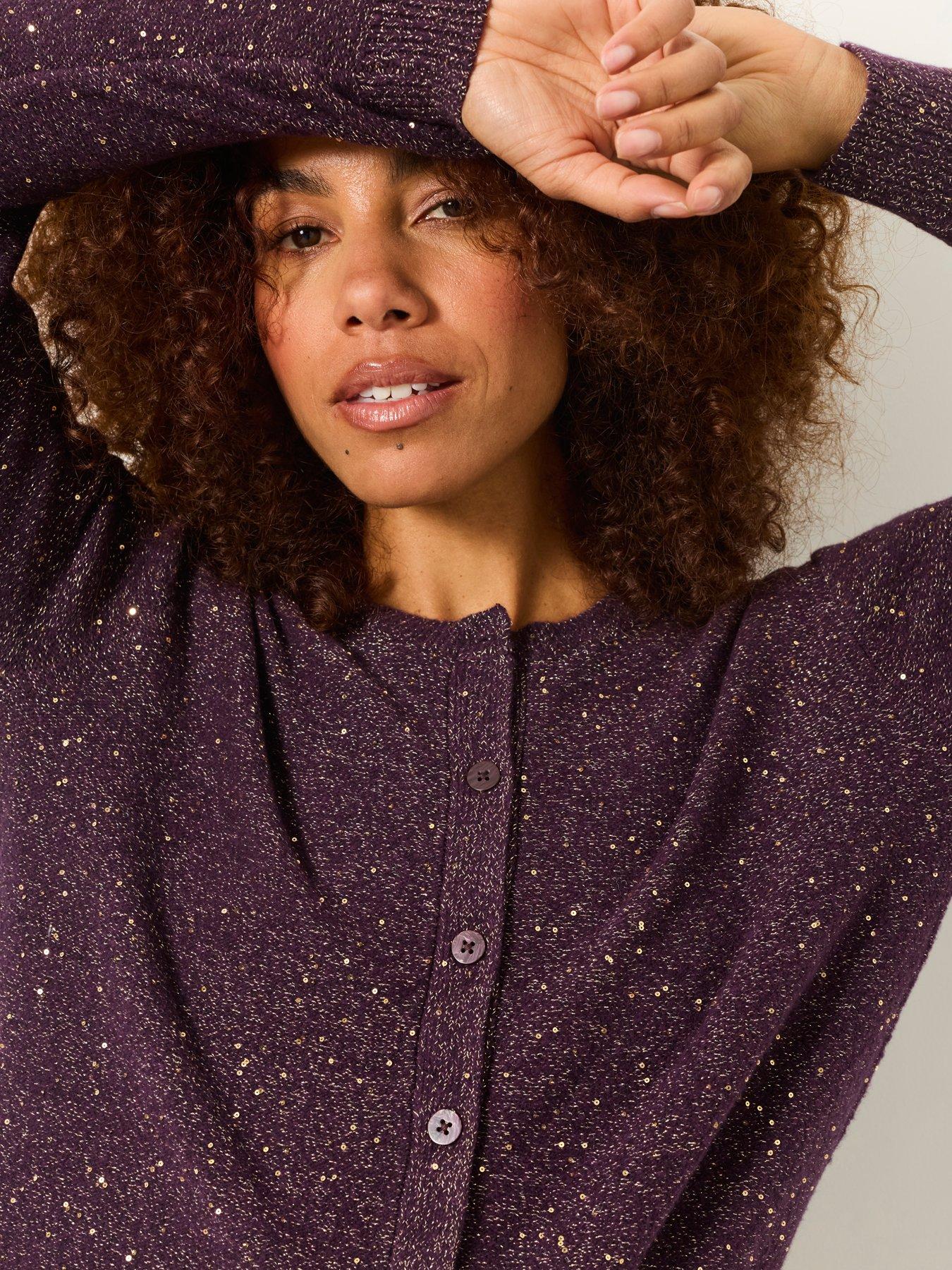 Image 4 of 5 of FatFace Womens Skylar Metallic Fleck Button-Through Cardigan - Purple