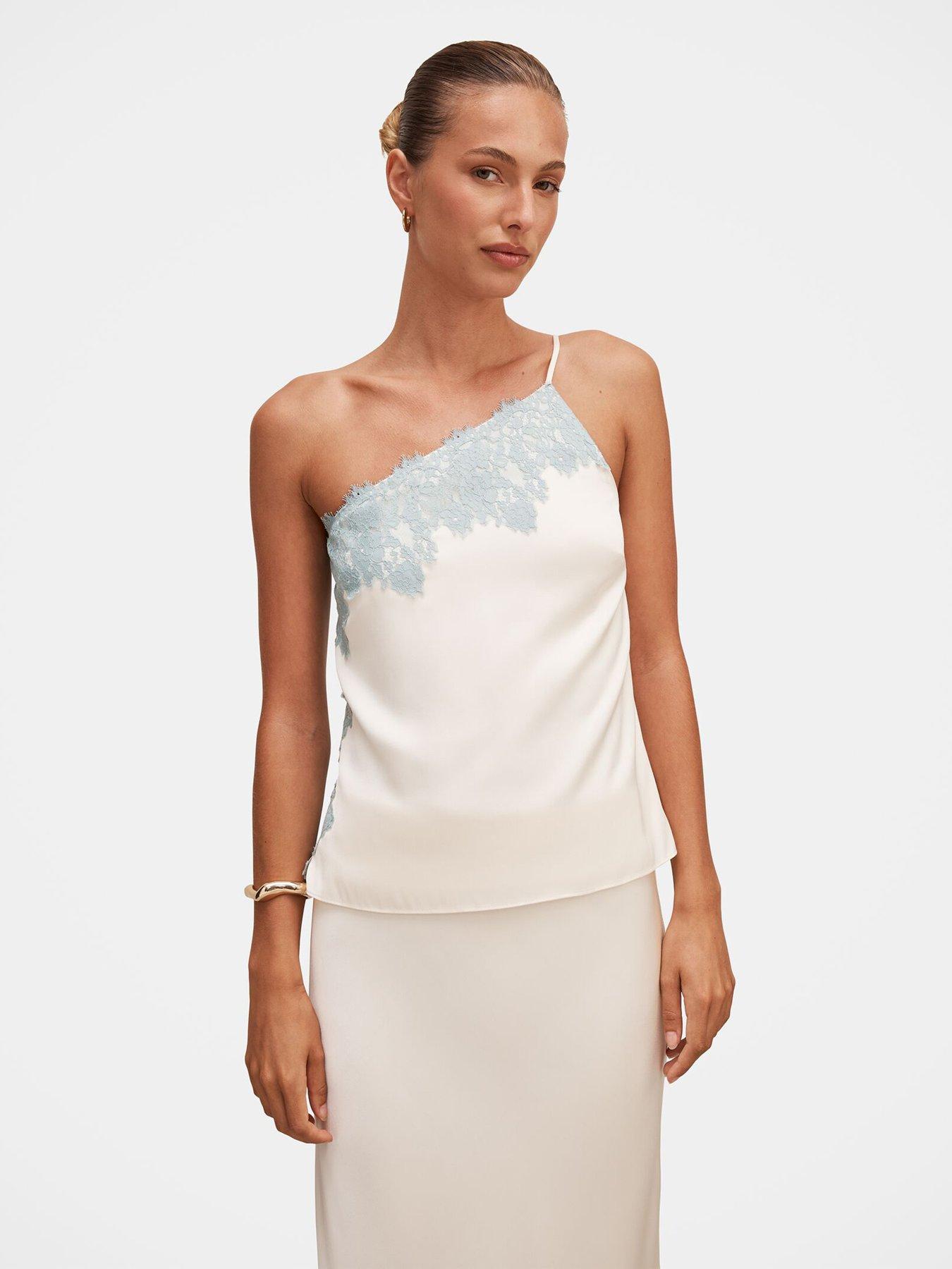 Image 3 of 7 of Forever New Adele One Shoulder Lace Trim Top - Beige