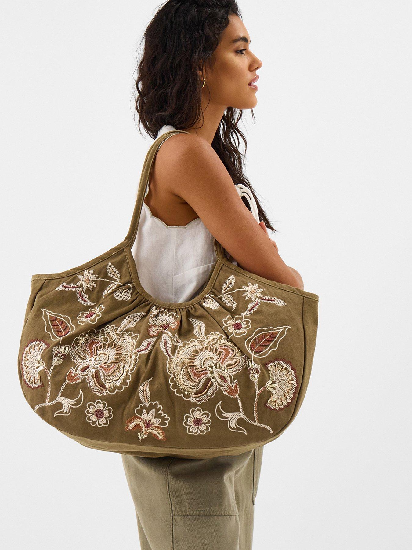 Image 2 of 5 of Accessorize Oversized Floral Embroidered Shoulder Bag - Green