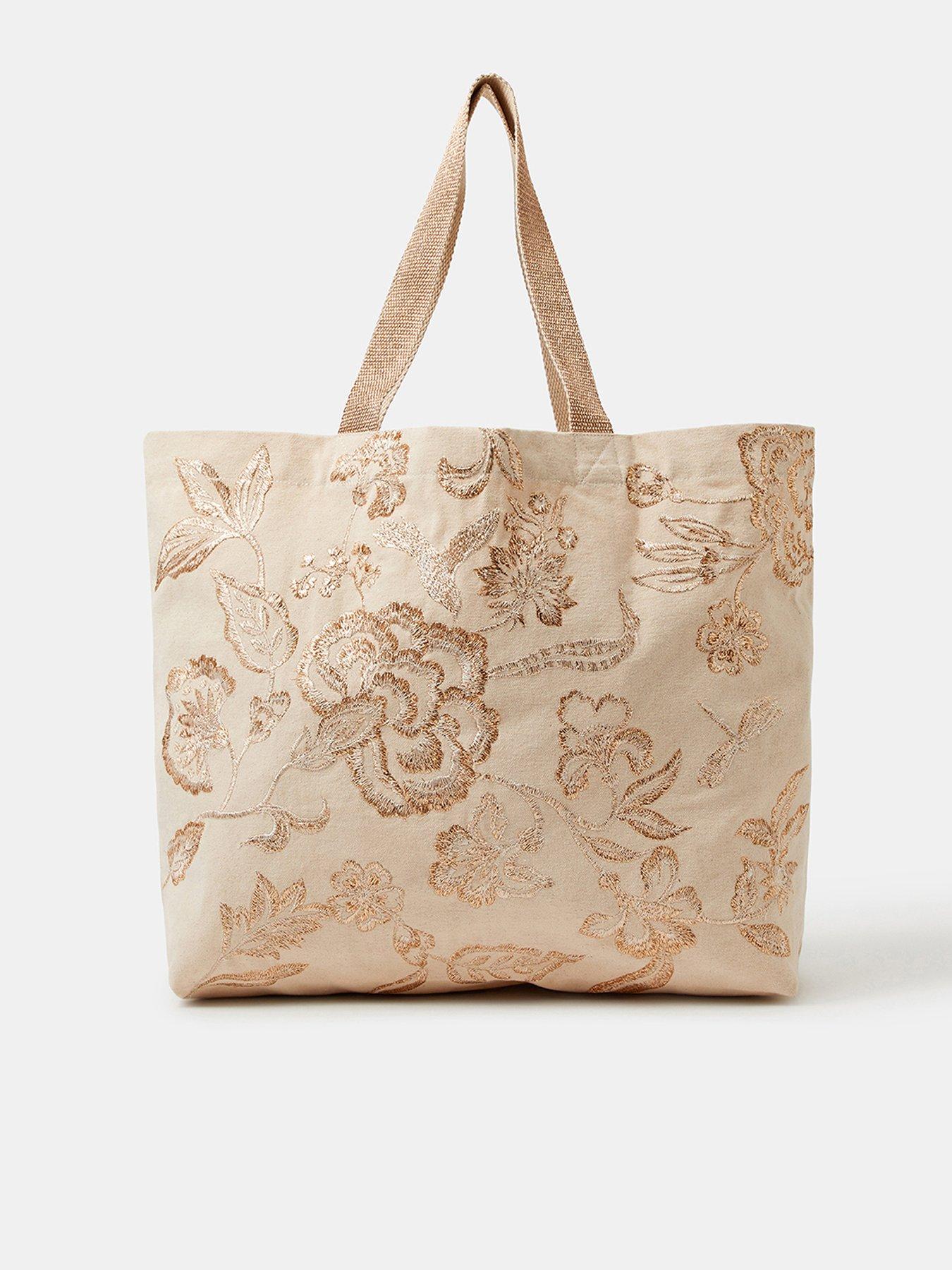 Accessorize Embroidered Metallic Shopper Bag - Cream