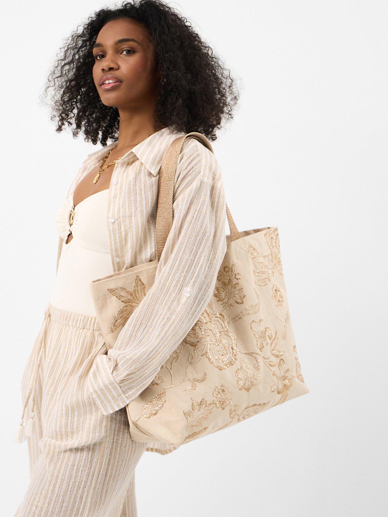 Image 2 of 5 of Accessorize Embroidered Metallic Shopper Bag - Cream