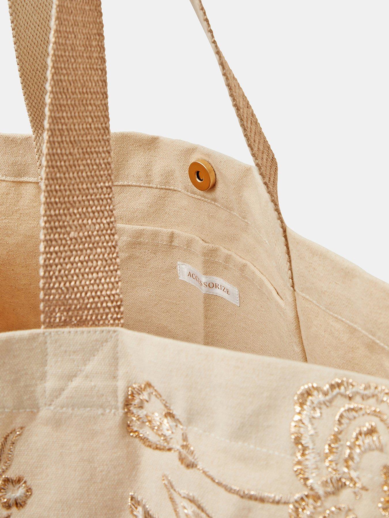 Image 4 of 5 of Accessorize Embroidered Metallic Shopper Bag - Cream