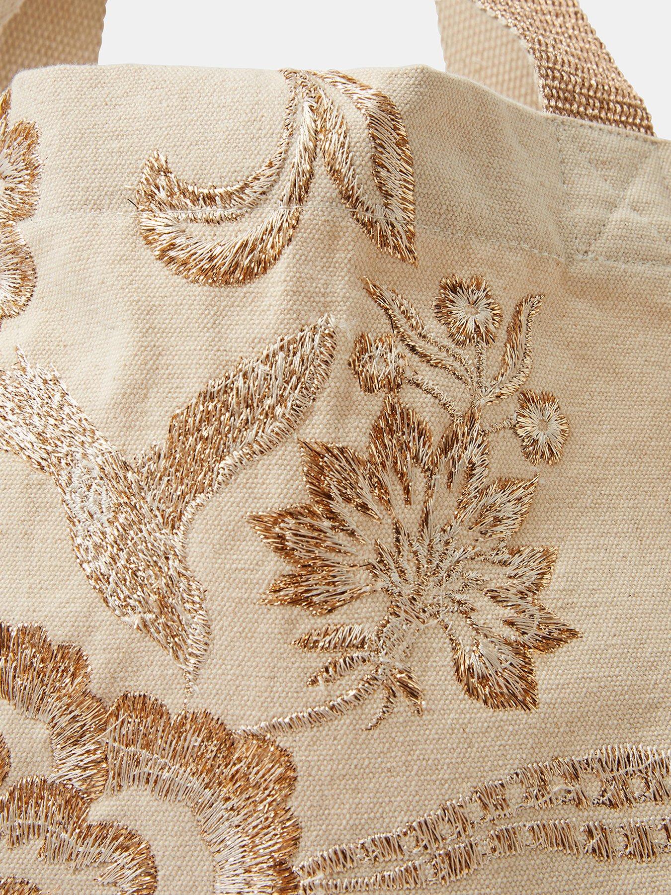 Image 5 of 5 of Accessorize Embroidered Metallic Shopper Bag - Cream