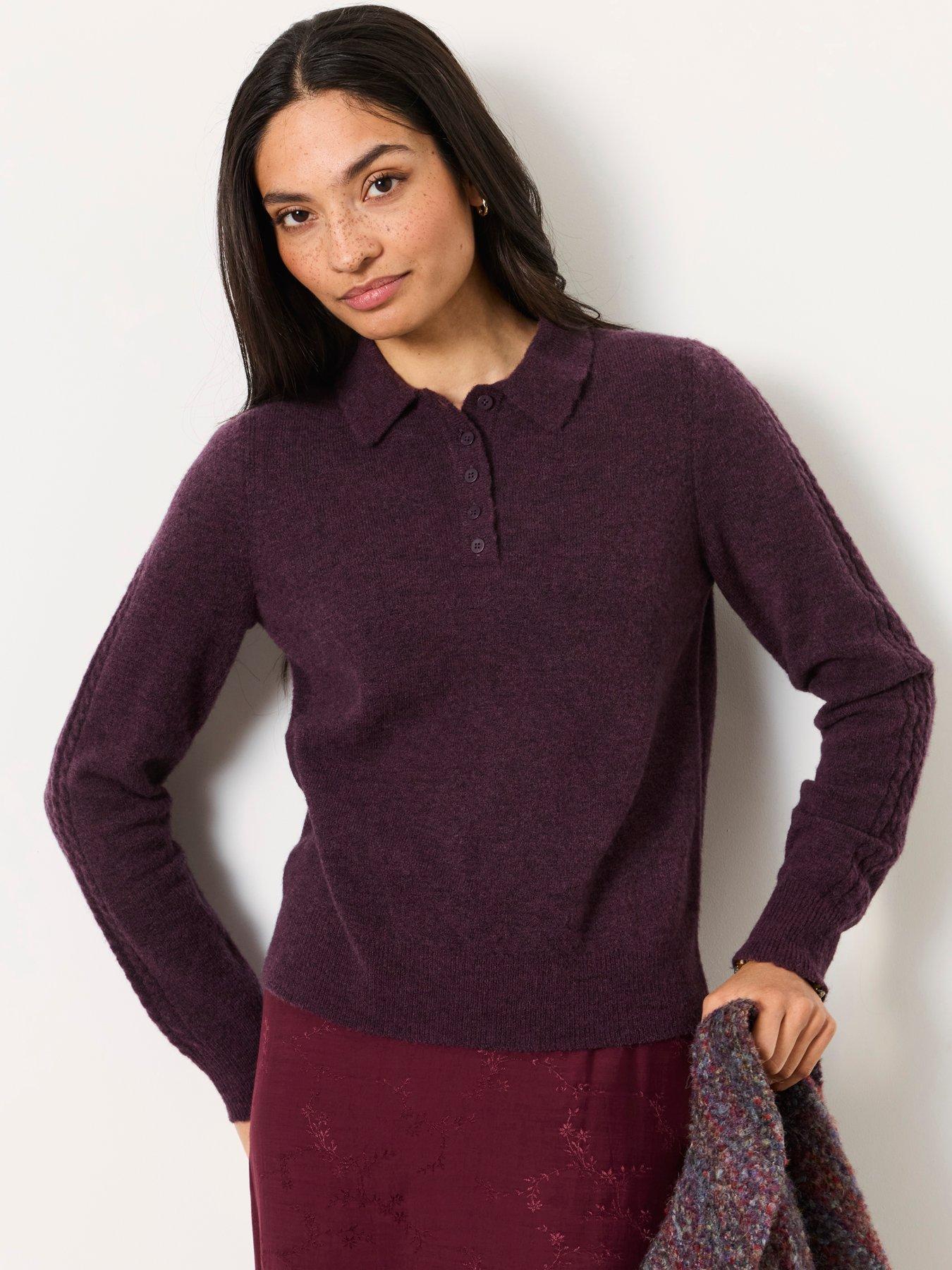 FatFace Women's Halle Fine Knit Polo Jumper - Purple
