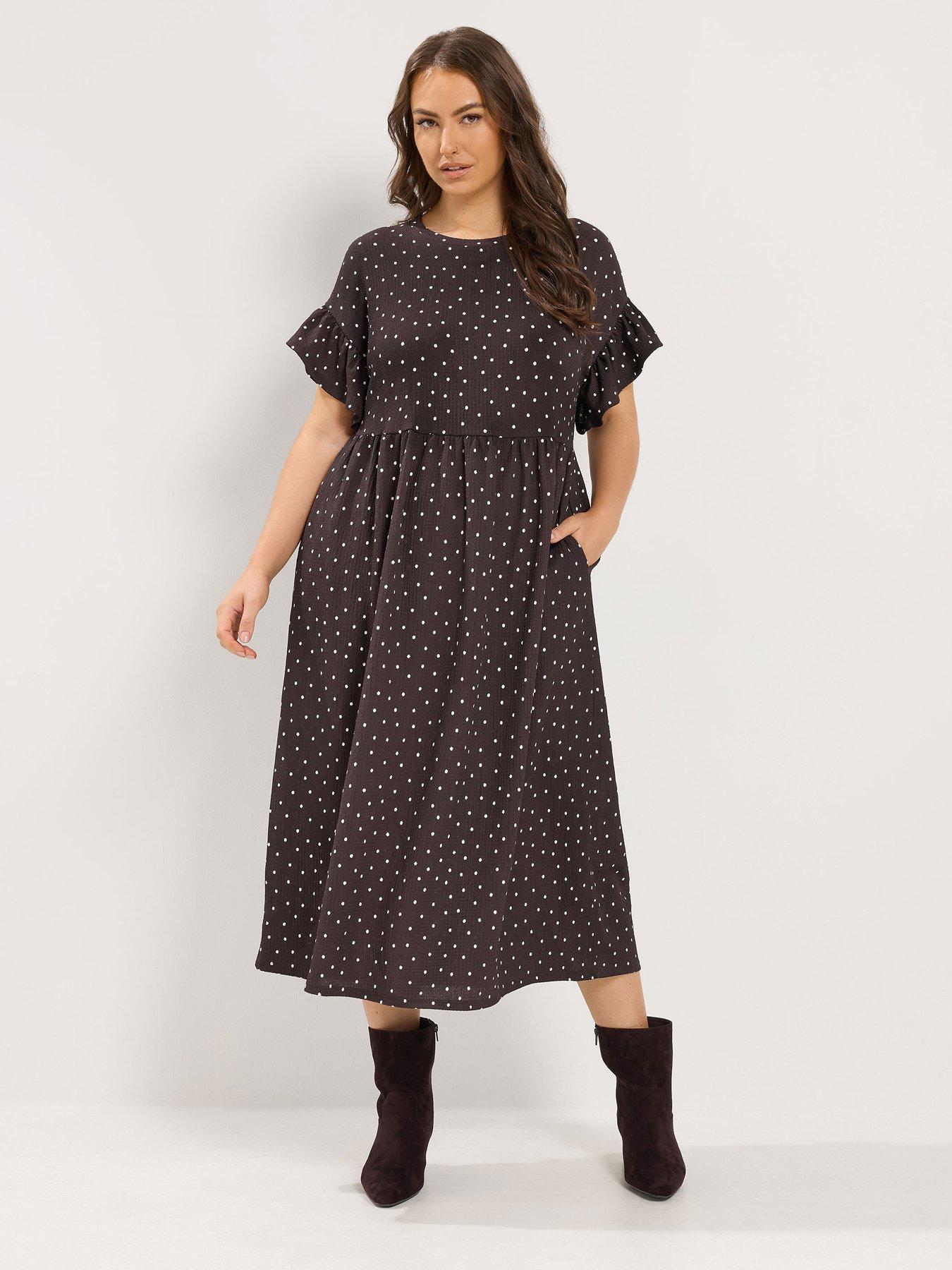 Yours Curve Frill Sleeve Dress Spot - Brown
