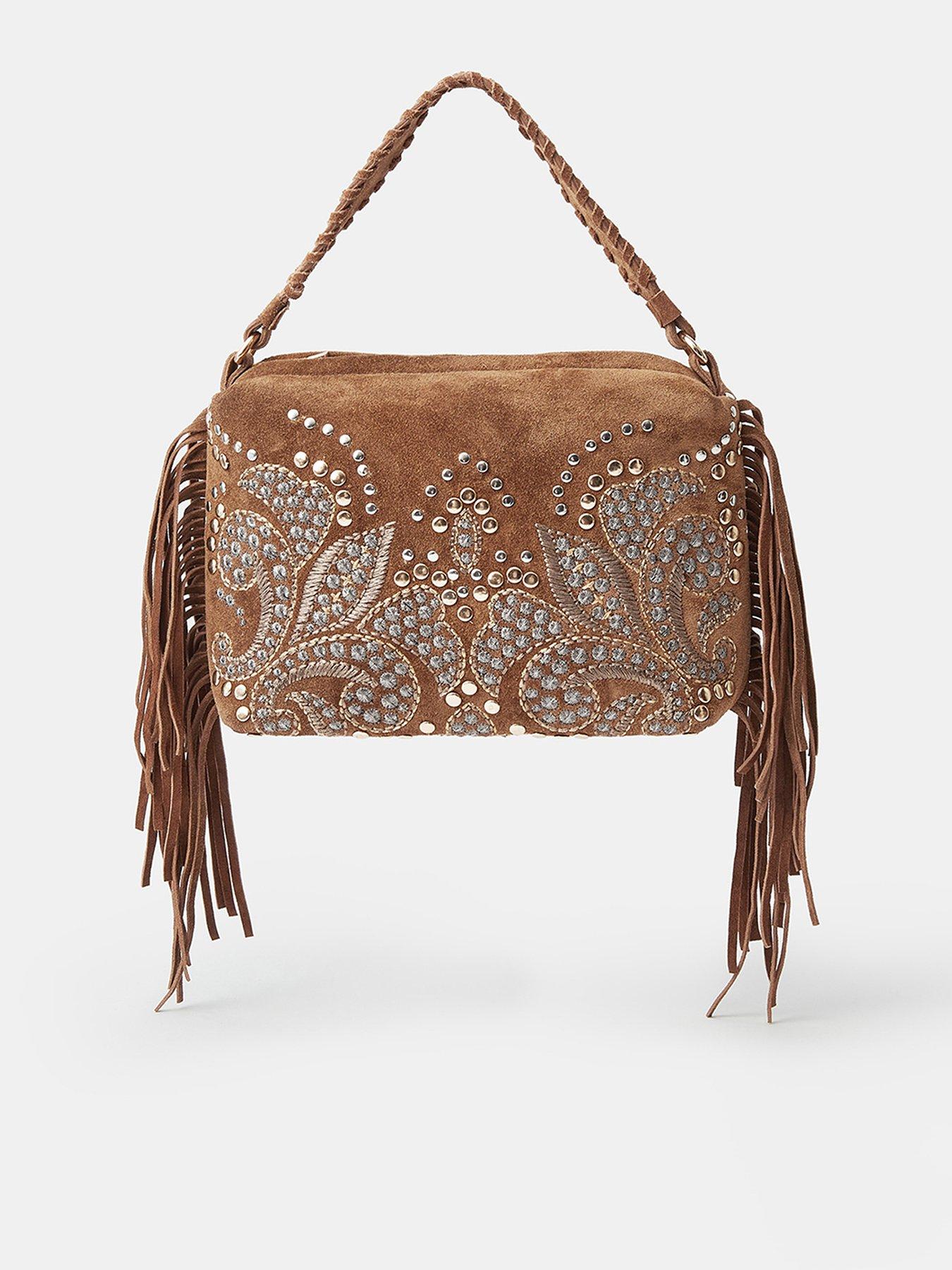 Accessorize Embellished Suede Shoulder Bag - Brown