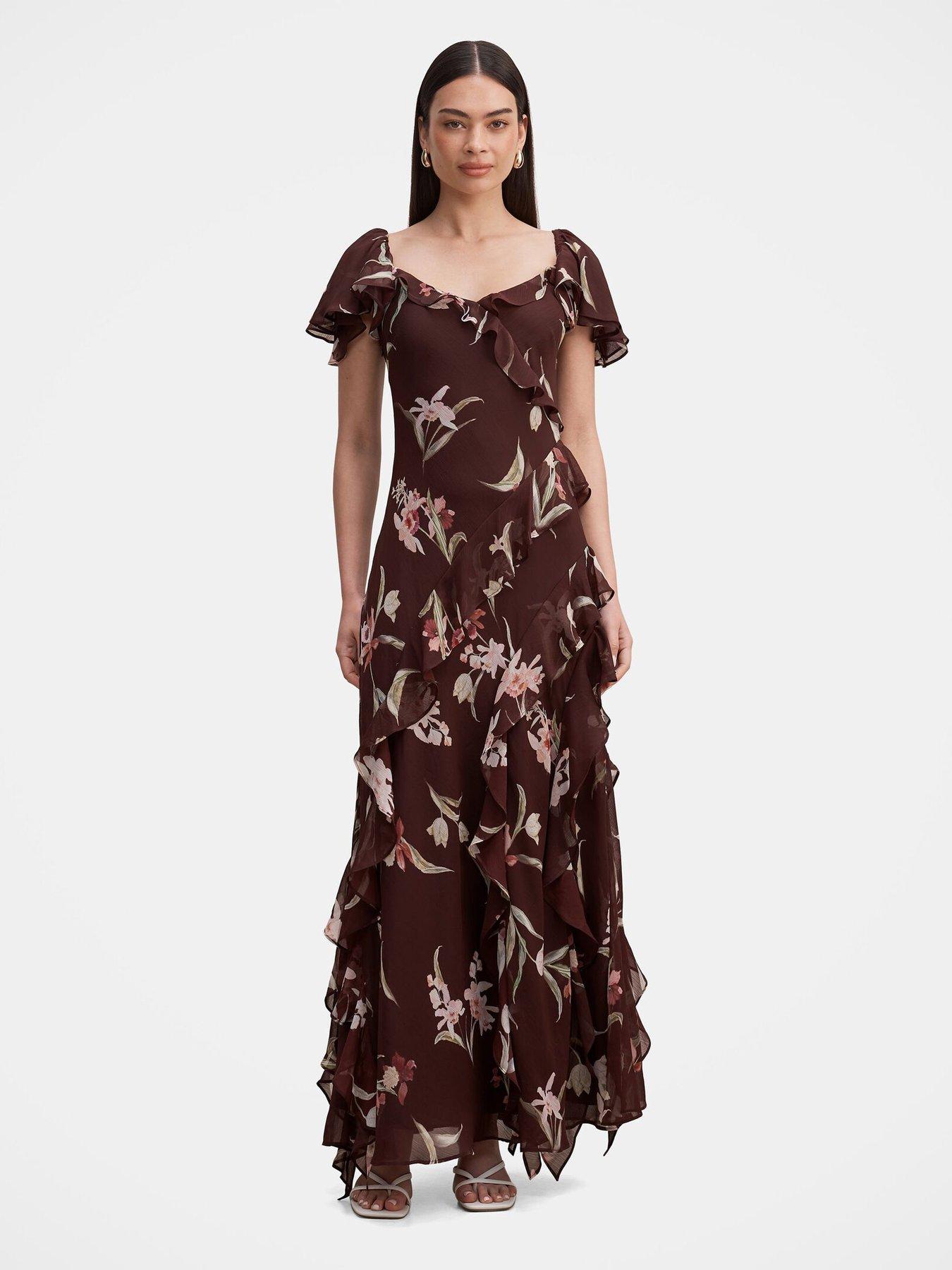 Forever New Claudie Ruffle Floral Print Maxi Dress - Brown