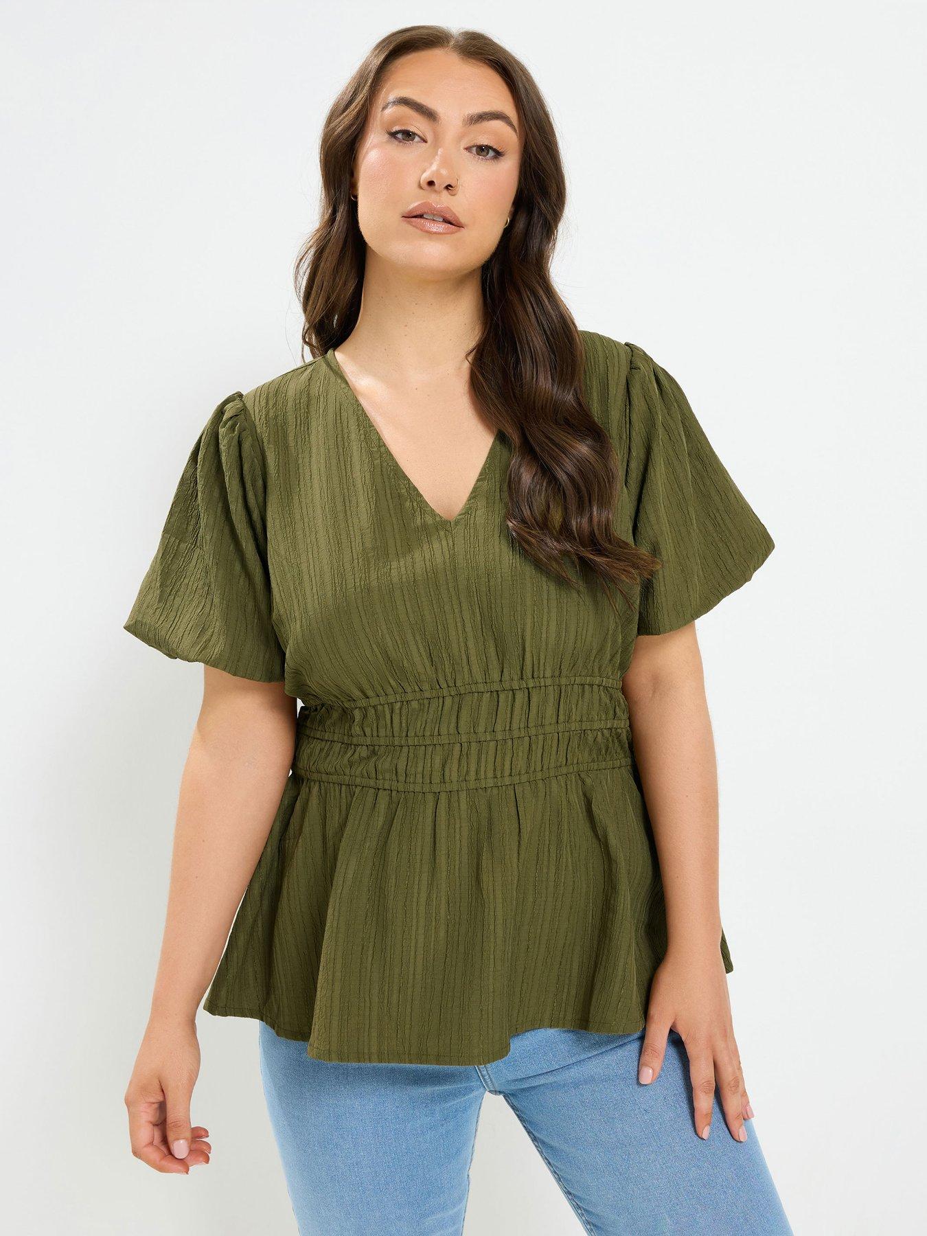 Yours Curve Puff Sleeve Shirred Waist Top - Green