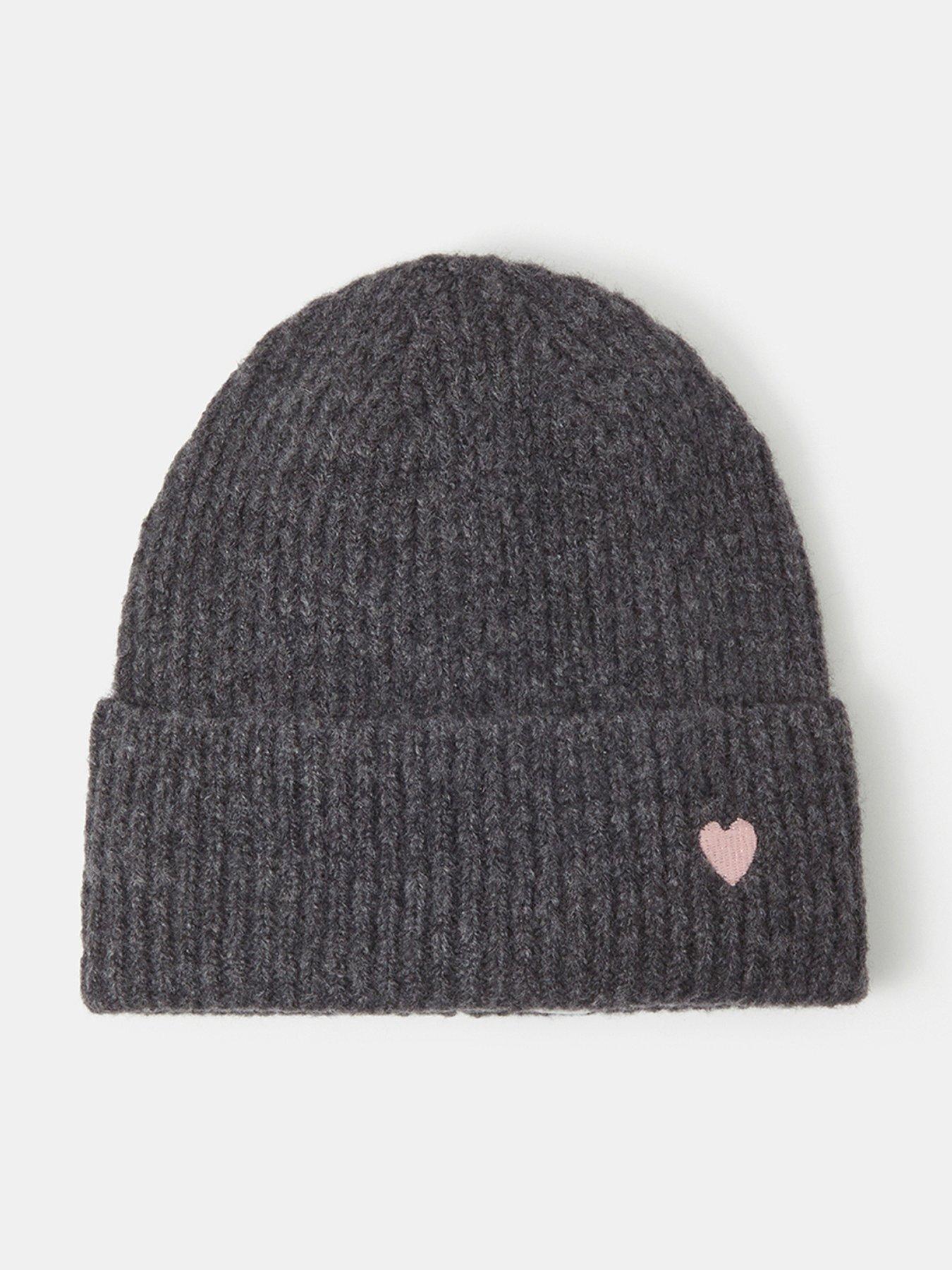 Image 1 of 4 of Accessorize Ribbed Heart Embroidered Beanie Hat - Grey