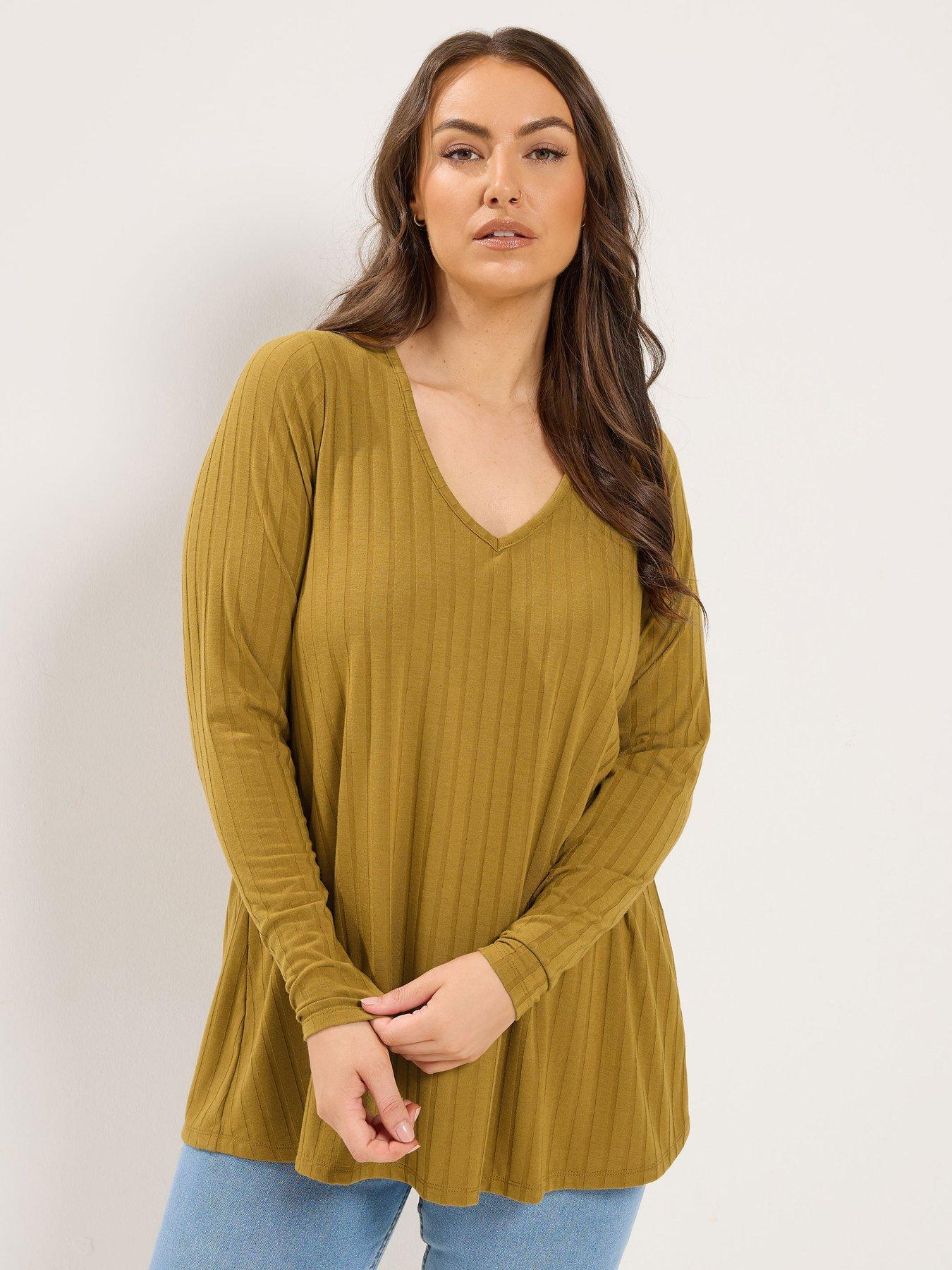 Yours Curve Plunge Neck Rib Swing T-Shirt - Yellow