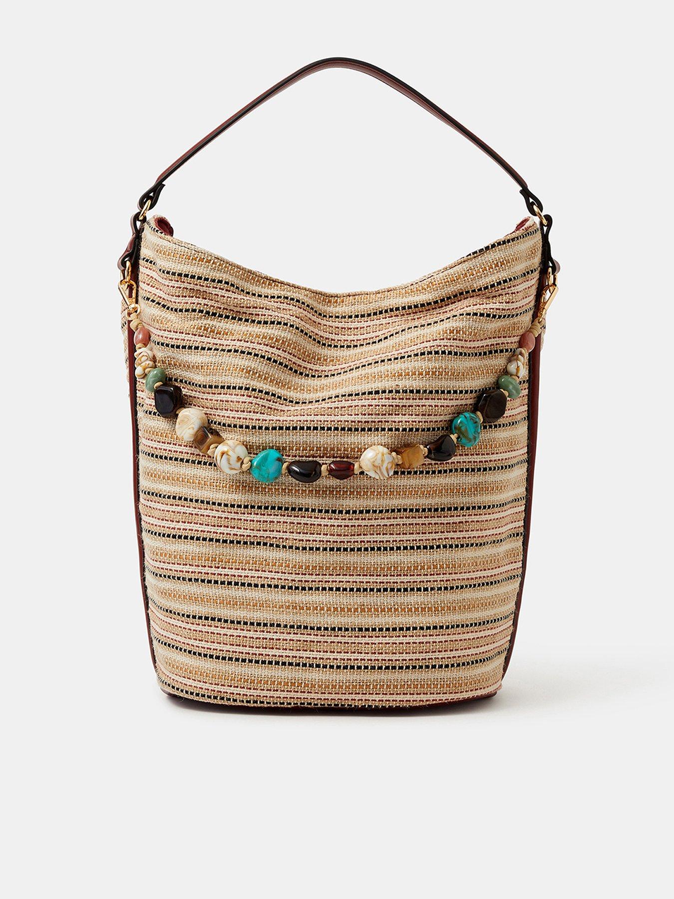 Image 1 of 5 of Accessorize Striped Beaded Charm Shoulder Bag - Beige