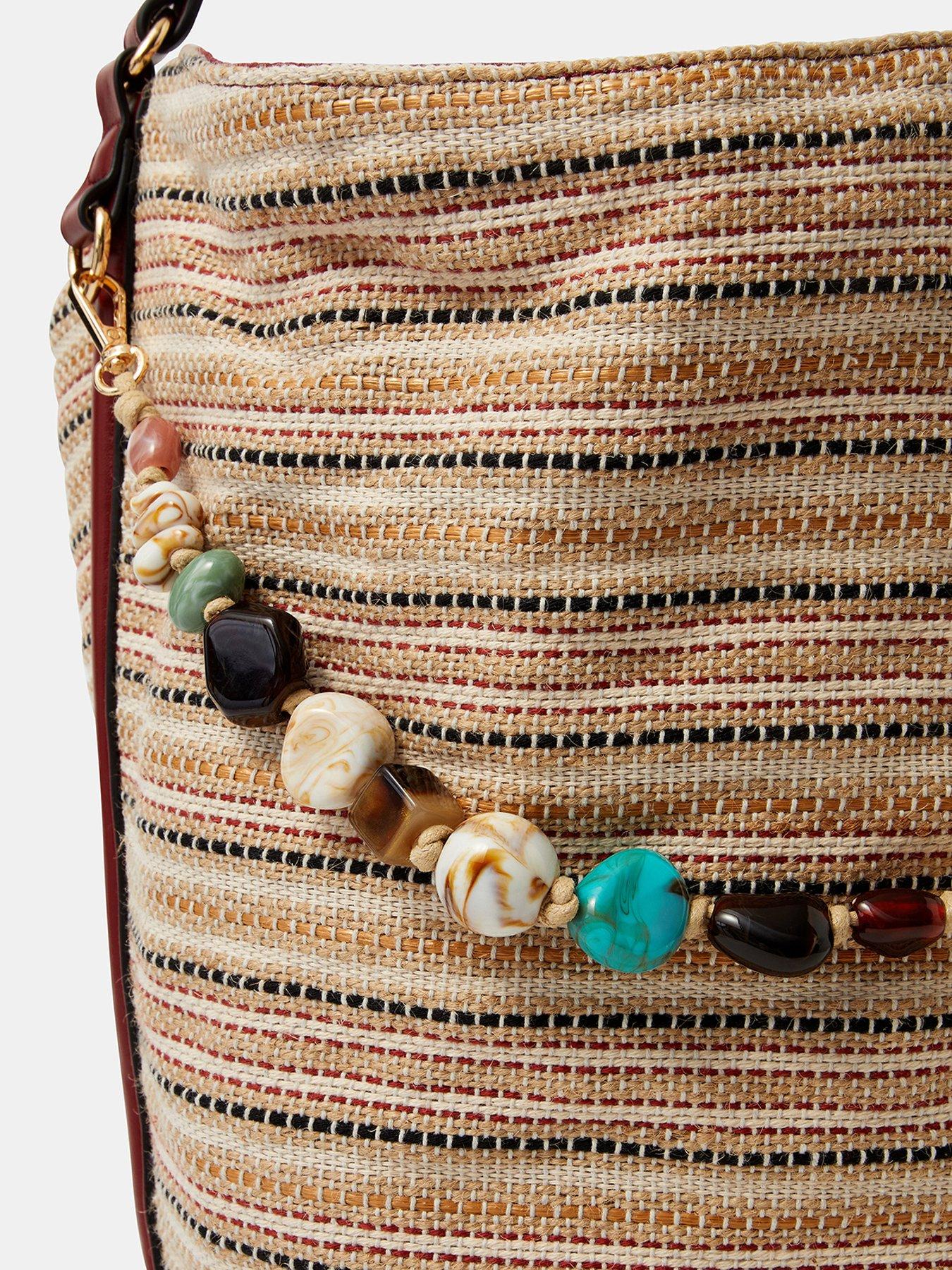 Image 5 of 5 of Accessorize Striped Beaded Charm Shoulder Bag - Beige