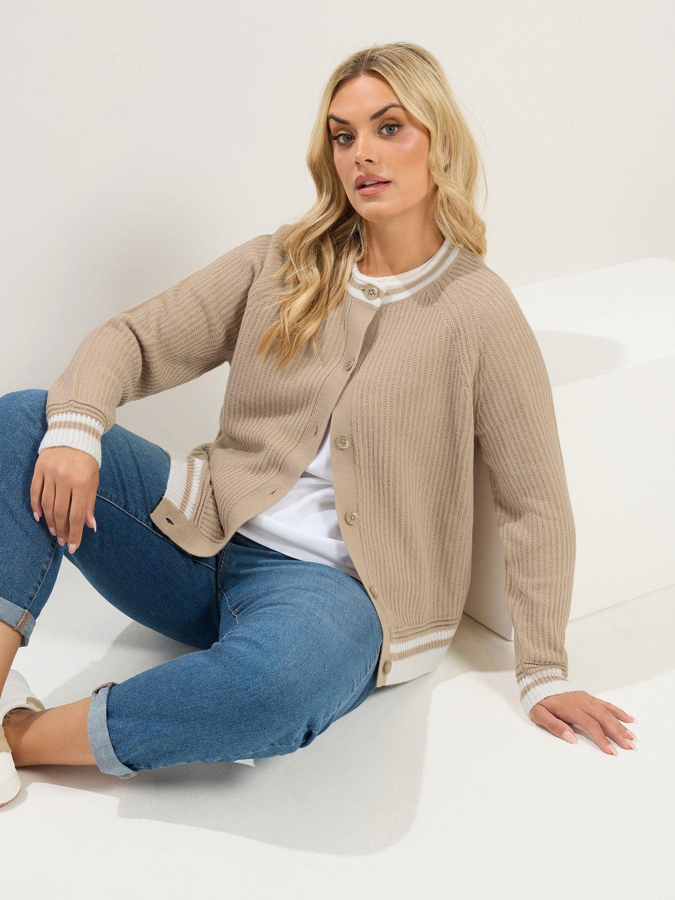 Yours Curve Tipped Crew Neck Cardigan - Brown