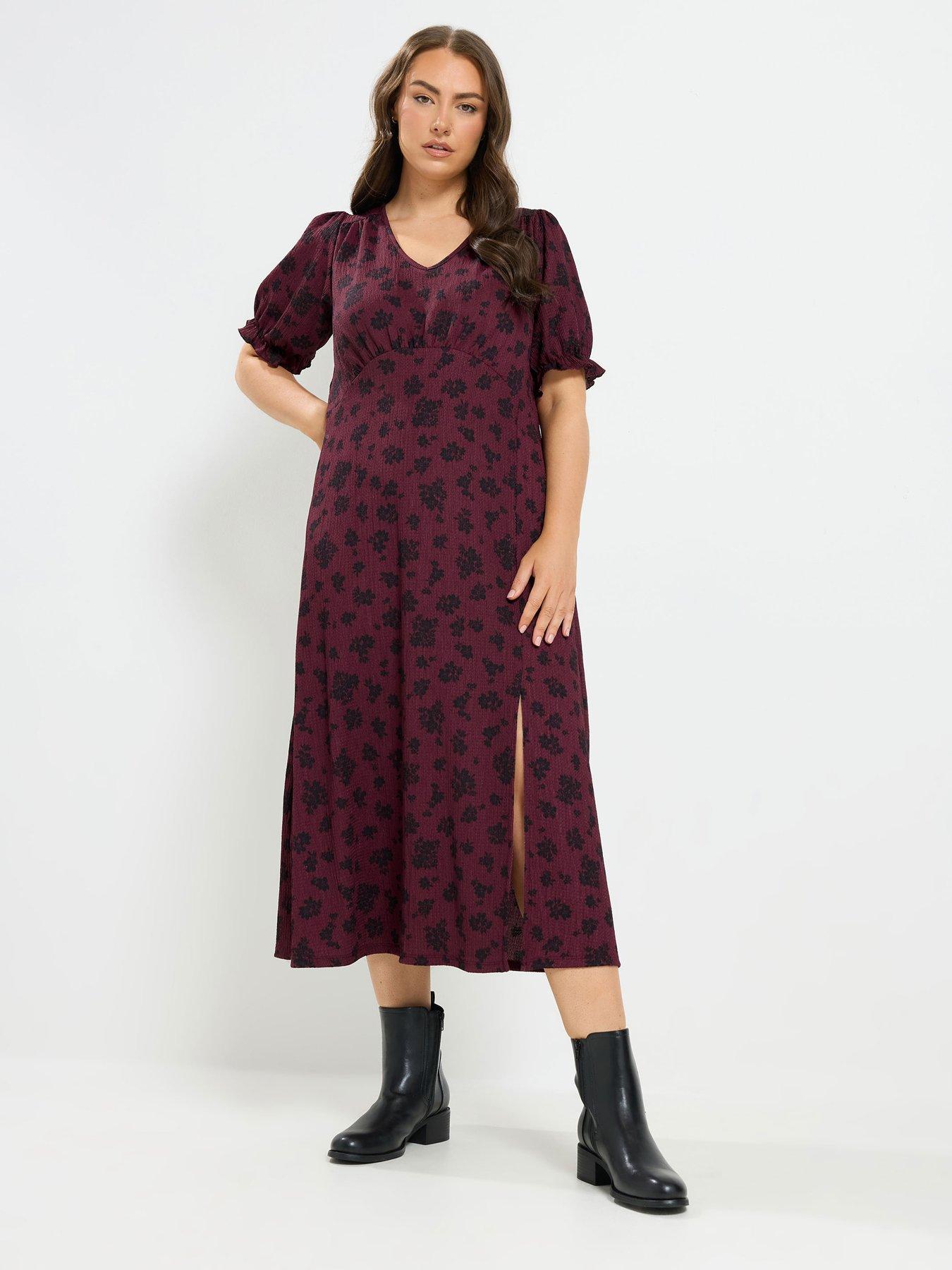 Yours Curve V-Neck Textured Midi Tea Dress - Burgundy