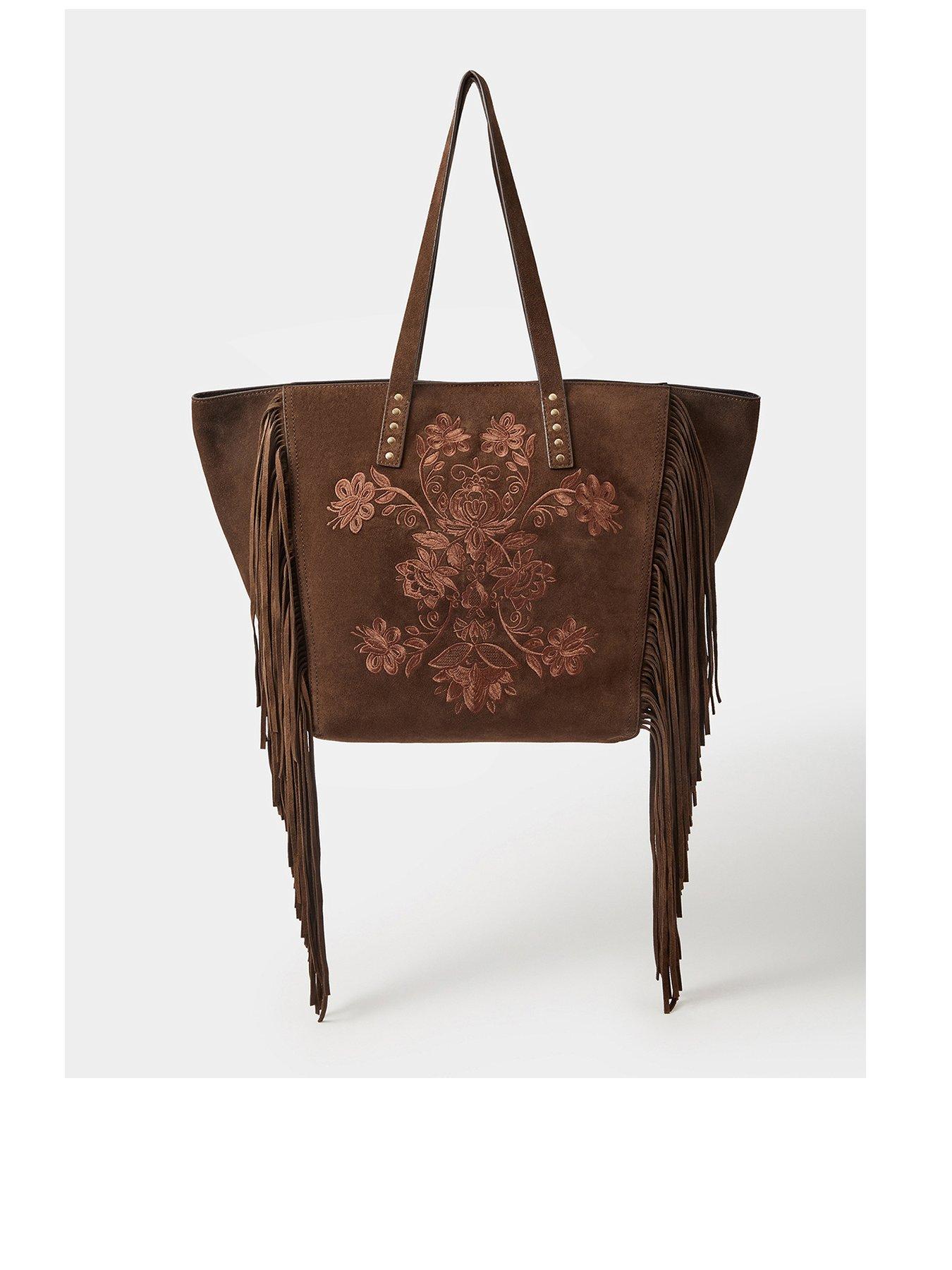 Accessorize Embroidered Fringe Tote Bag - Brown