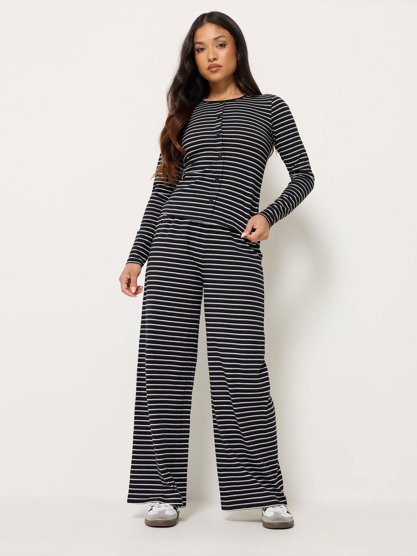 PixieGirl Petite Stripe Button Through Top and Trouser Set - Black