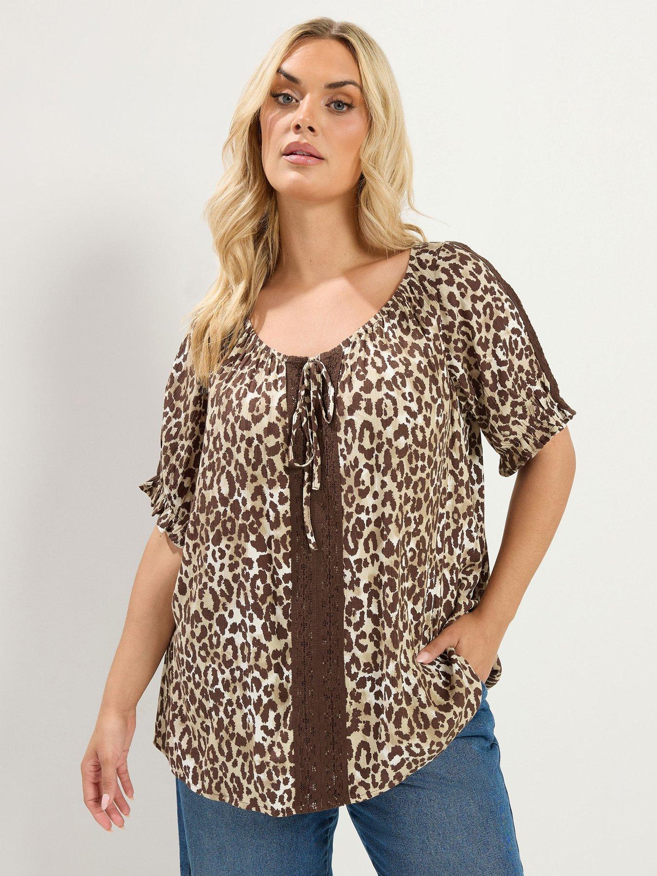 Yours Curve Leopard Crochet Tie Front Top - Brown
