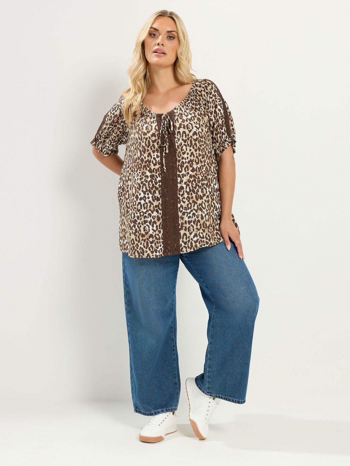 Image 3 of 4 of Yours Curve Leopard Crochet Tie Front Top - Brown
