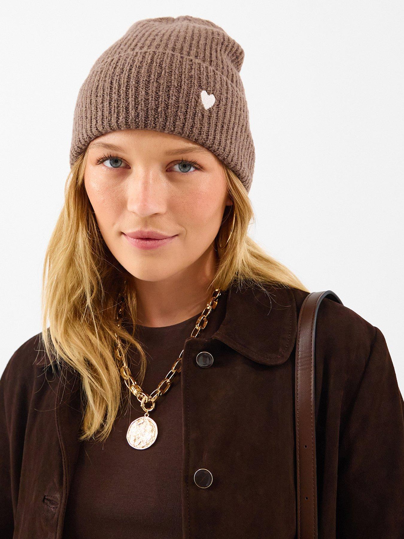 Image 2 of 4 of Accessorize Ribbed Heart Embroidered Beanie Hat - Brown