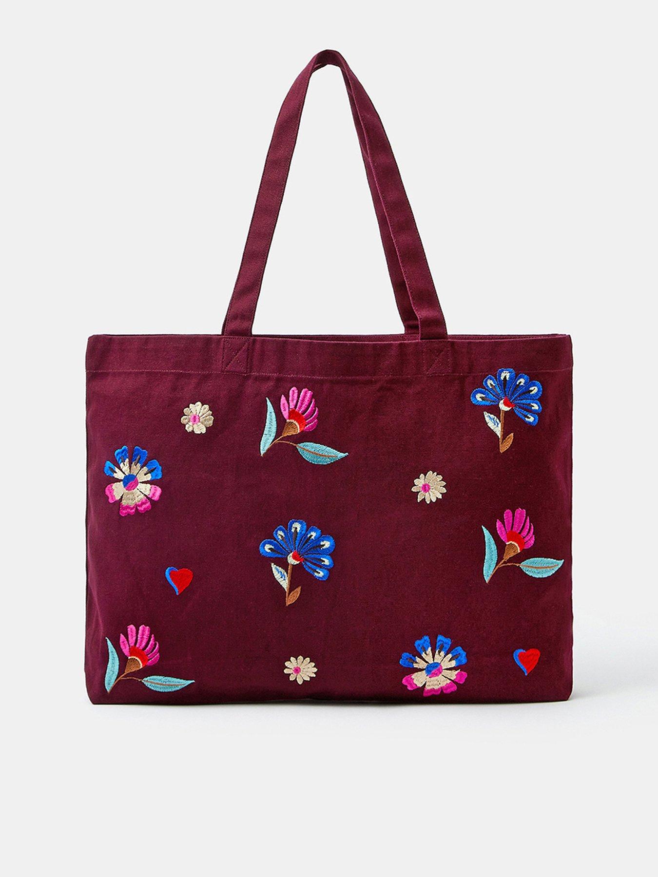 Image 1 of 5 of Accessorize Embroidered Floral Shopper Tote Bag - Red