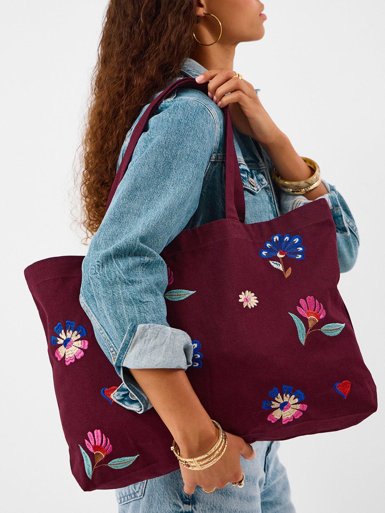 Image 2 of 5 of Accessorize Embroidered Floral Shopper Tote Bag - Red