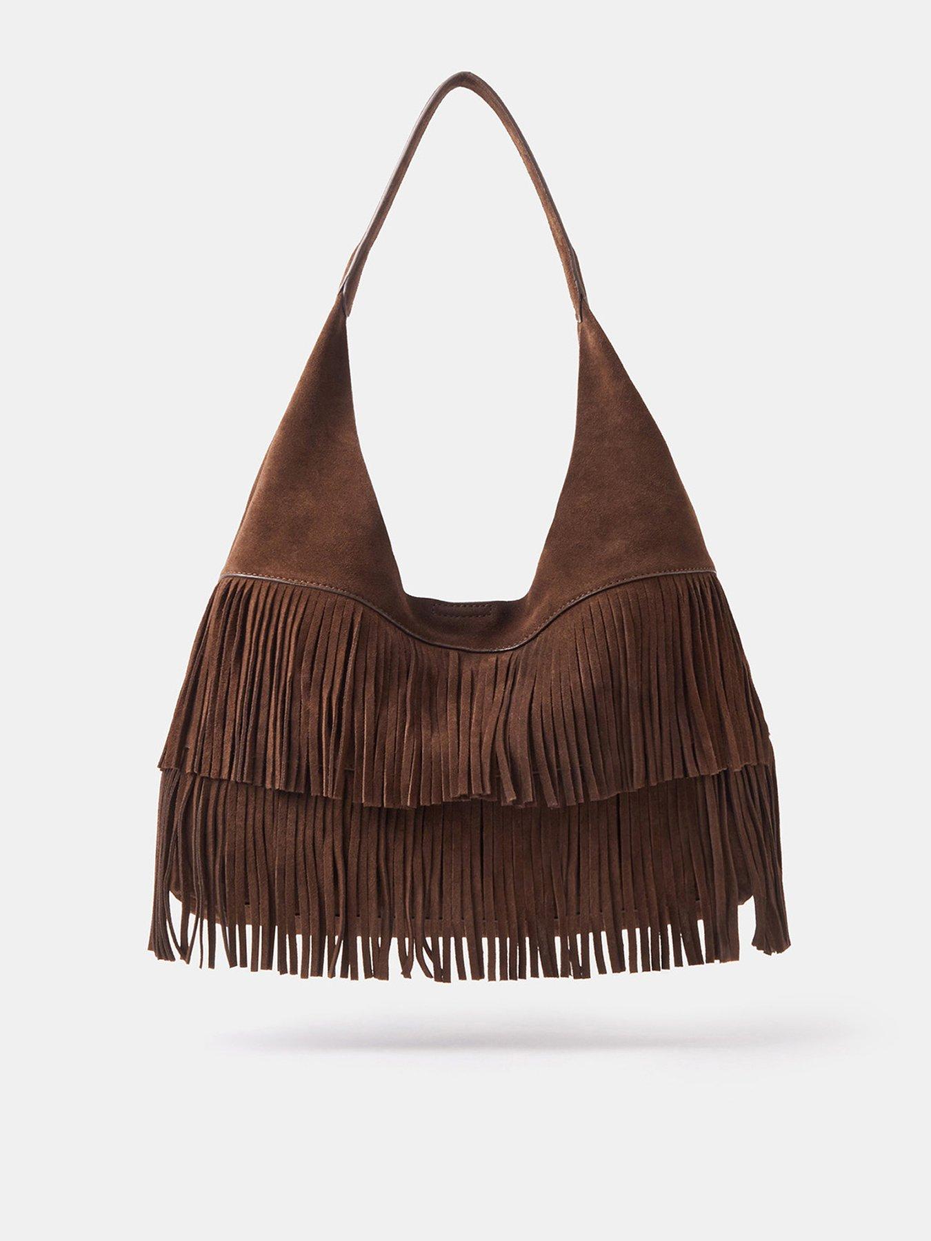 Image 1 of 5 of Accessorize Suede Fringe Shoulder Bag - Brown