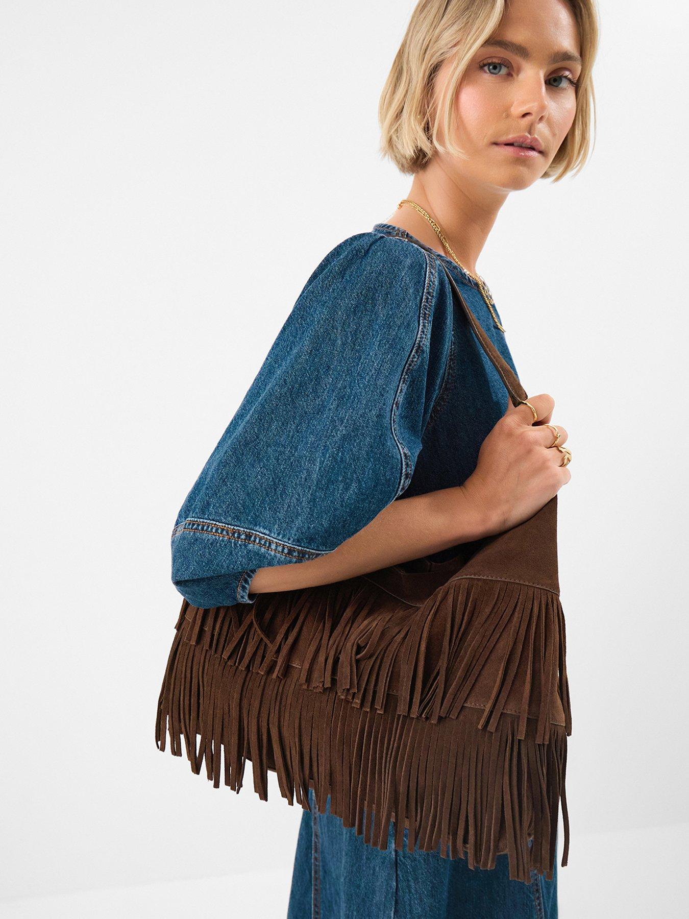 Image 2 of 5 of Accessorize Suede Fringe Shoulder Bag - Brown