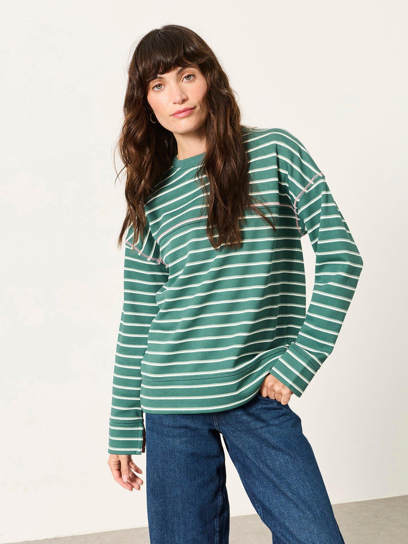 Image 1 of 6 of FatFace Airlie Stripe Crew Neck Long Sleeve Top - Green