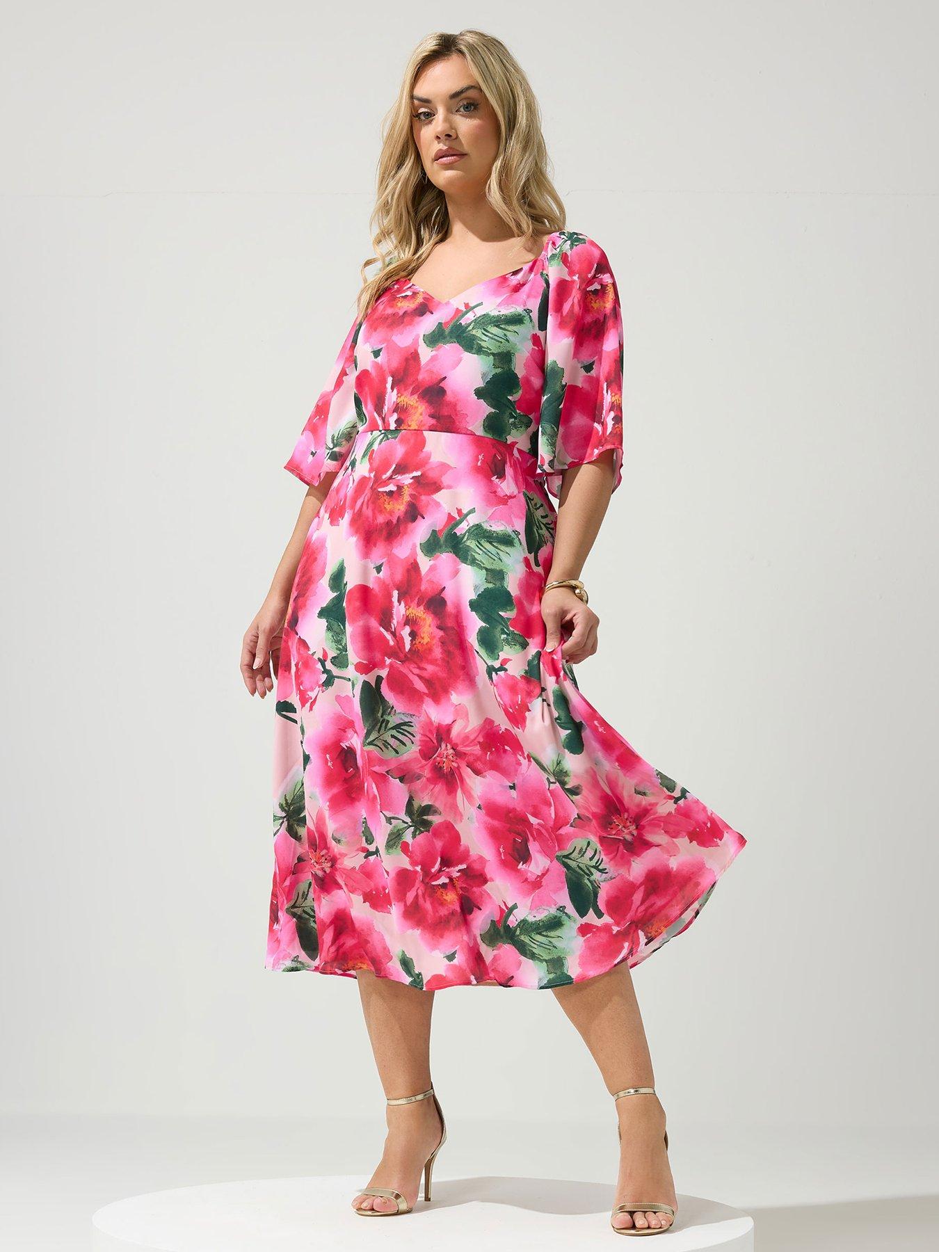 Yours Curve Floral V Neck Maxi Dress - Pink