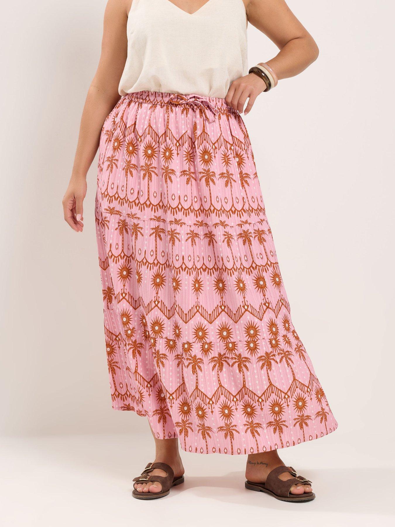 Image 1 of 4 of Yours Curve Palm Tree Print Skirt - Pink