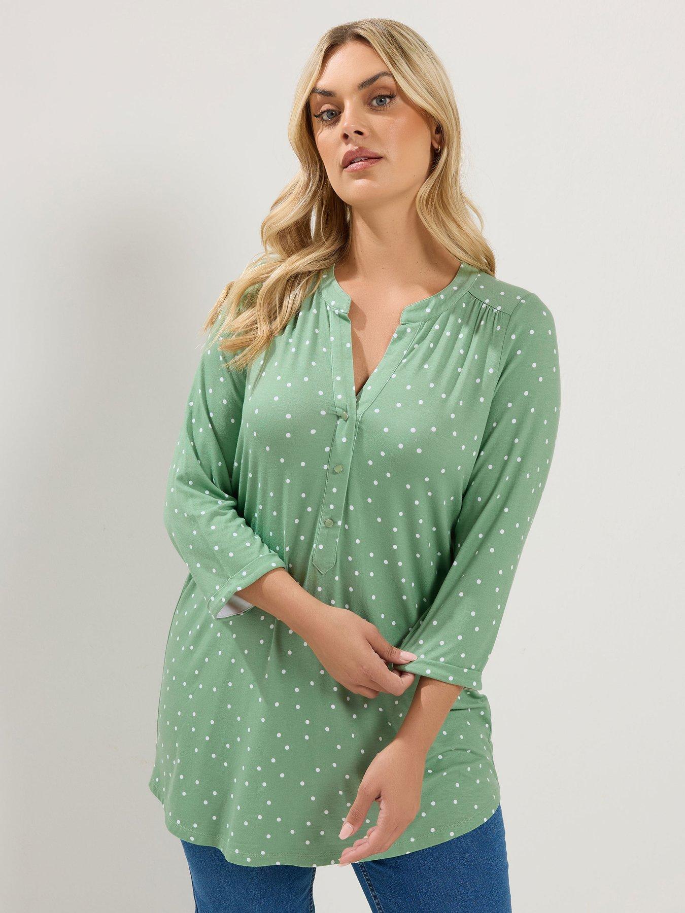 Yours Curve 3/4 Length Sleeve Polka Dot Shirt - Green