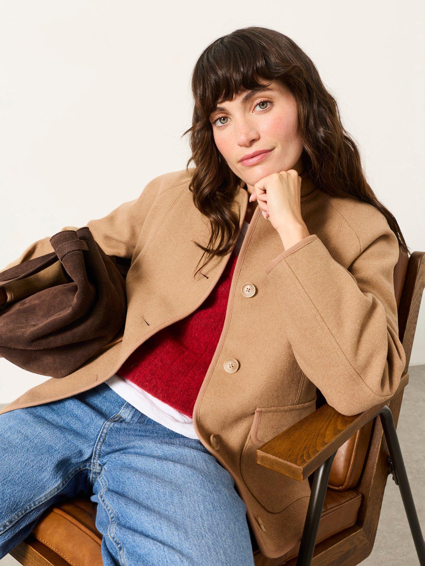 Image 1 of 7 of FatFace Womens Orla Wool-Blend Stand Collar Jacket - Tan