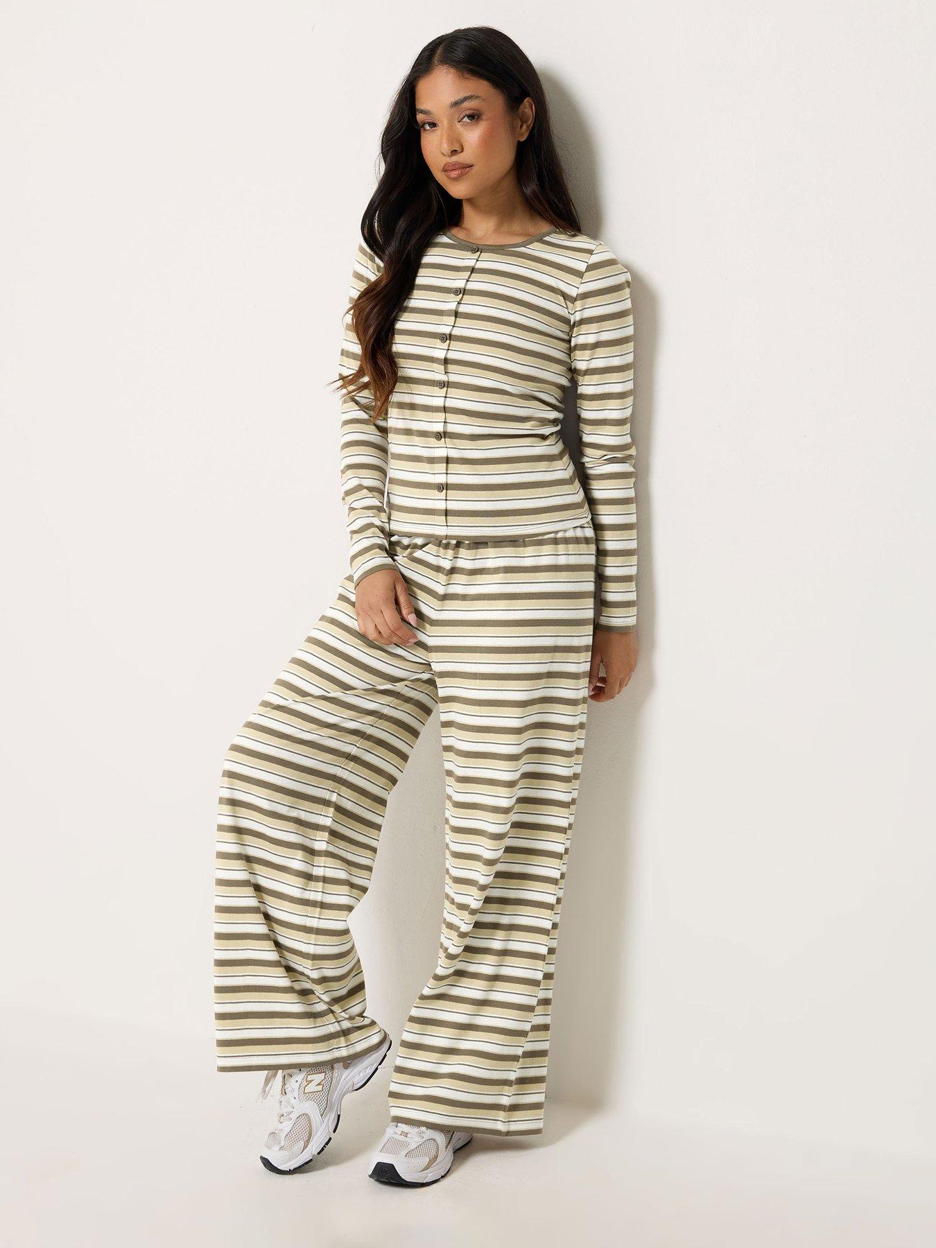 Image 1 of 4 of PixieGirl Petite Stripe Button Through Top and Trouser Set - Brown